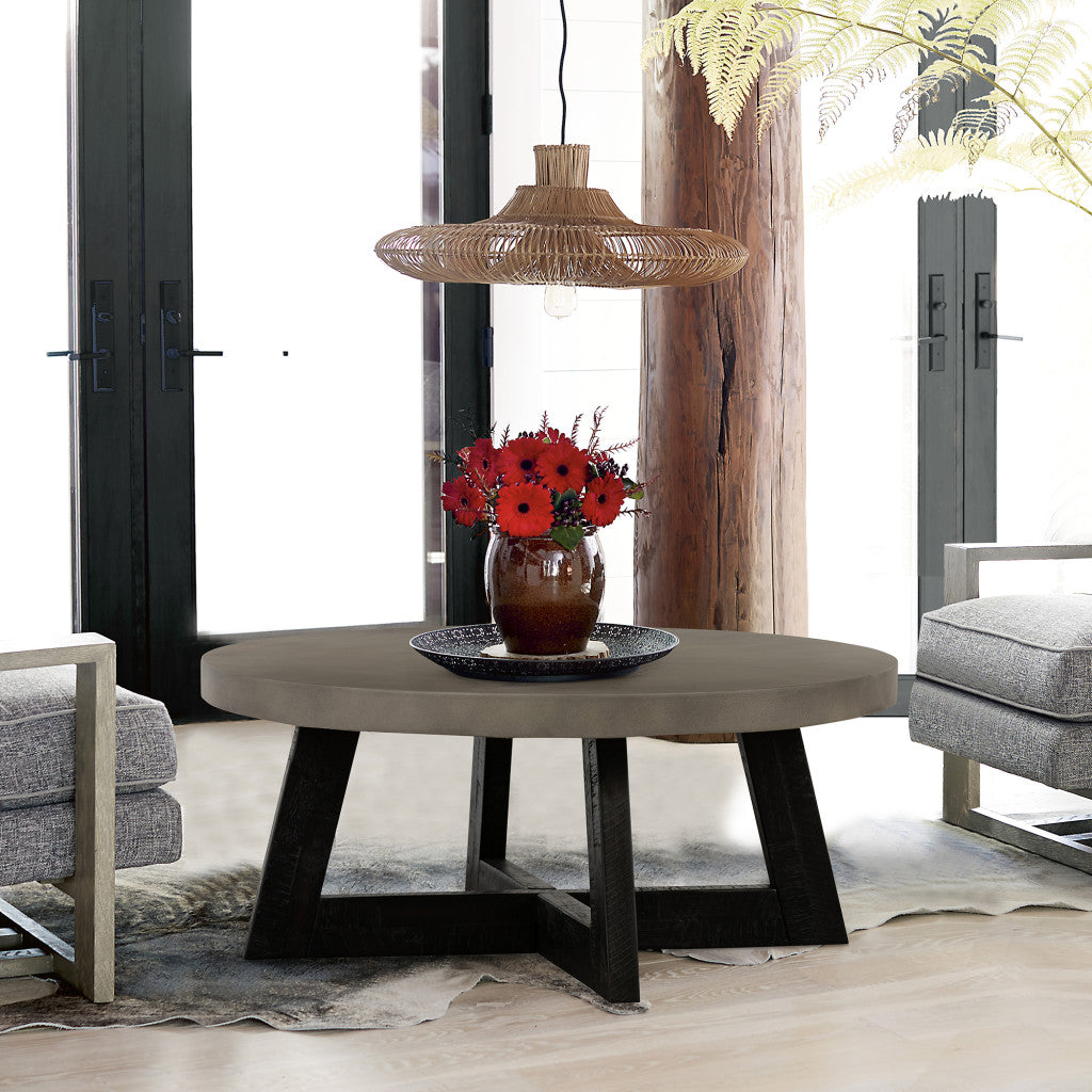 36" Gray And Black Concrete And Solid Wood Round Coffee Table-Coffee Tables-DECOROLALA
