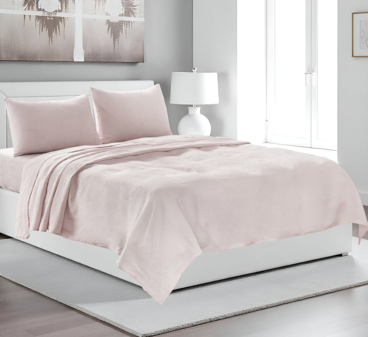 Four Piece Champagne Pink Linen Sheet Set-Bed Sheets-DECOROLALA