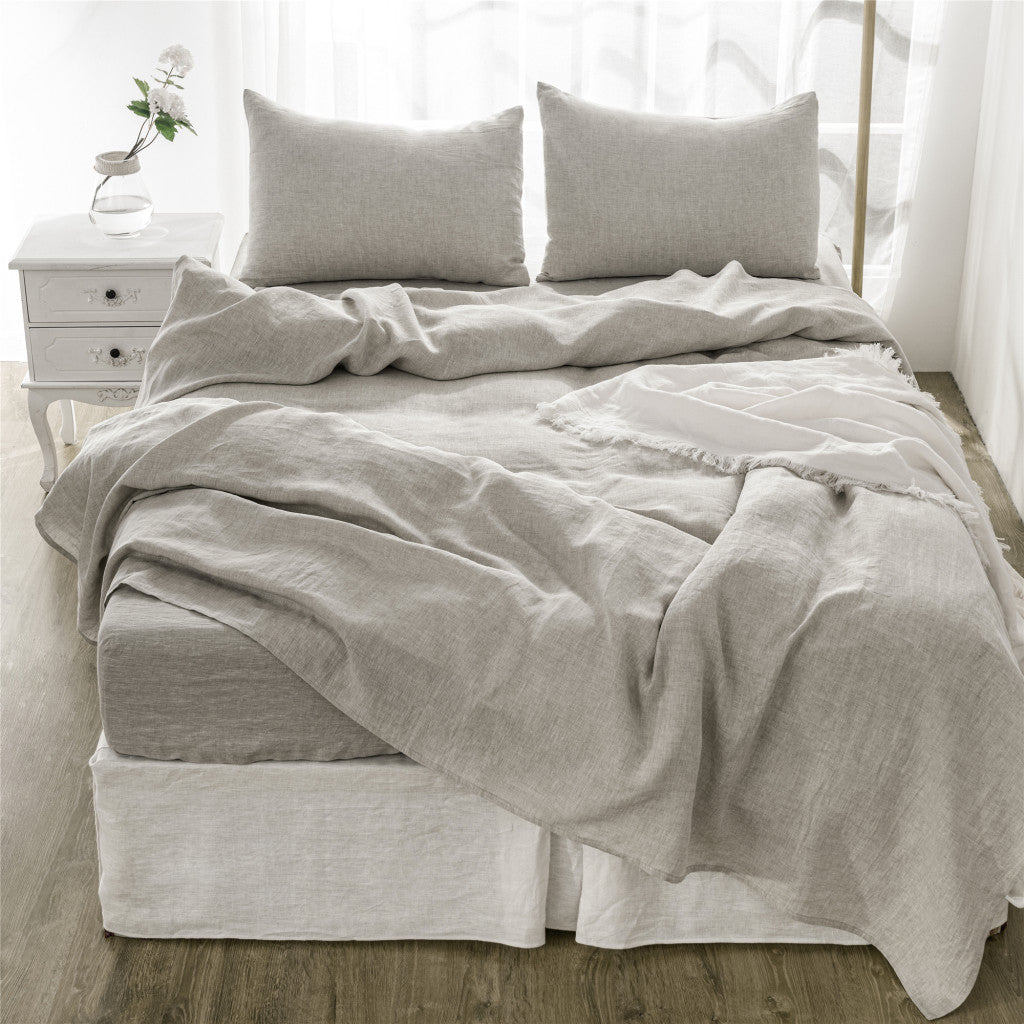 Four Piece Light Gray Linen Sheet Set-Bed Sheets-DECOROLALA