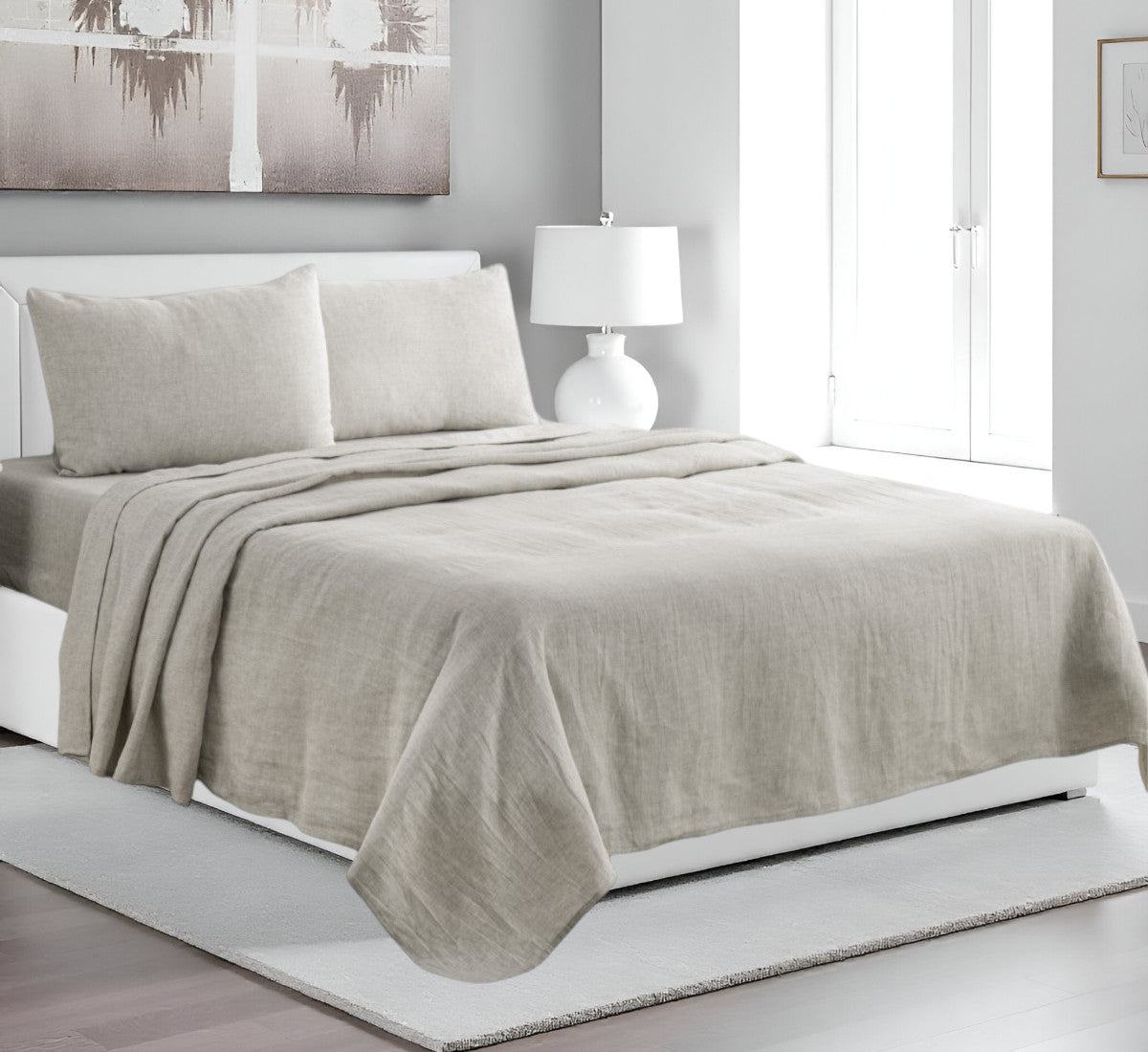 Four Piece Light Gray Linen Sheet Set-Bed Sheets-DECOROLALA