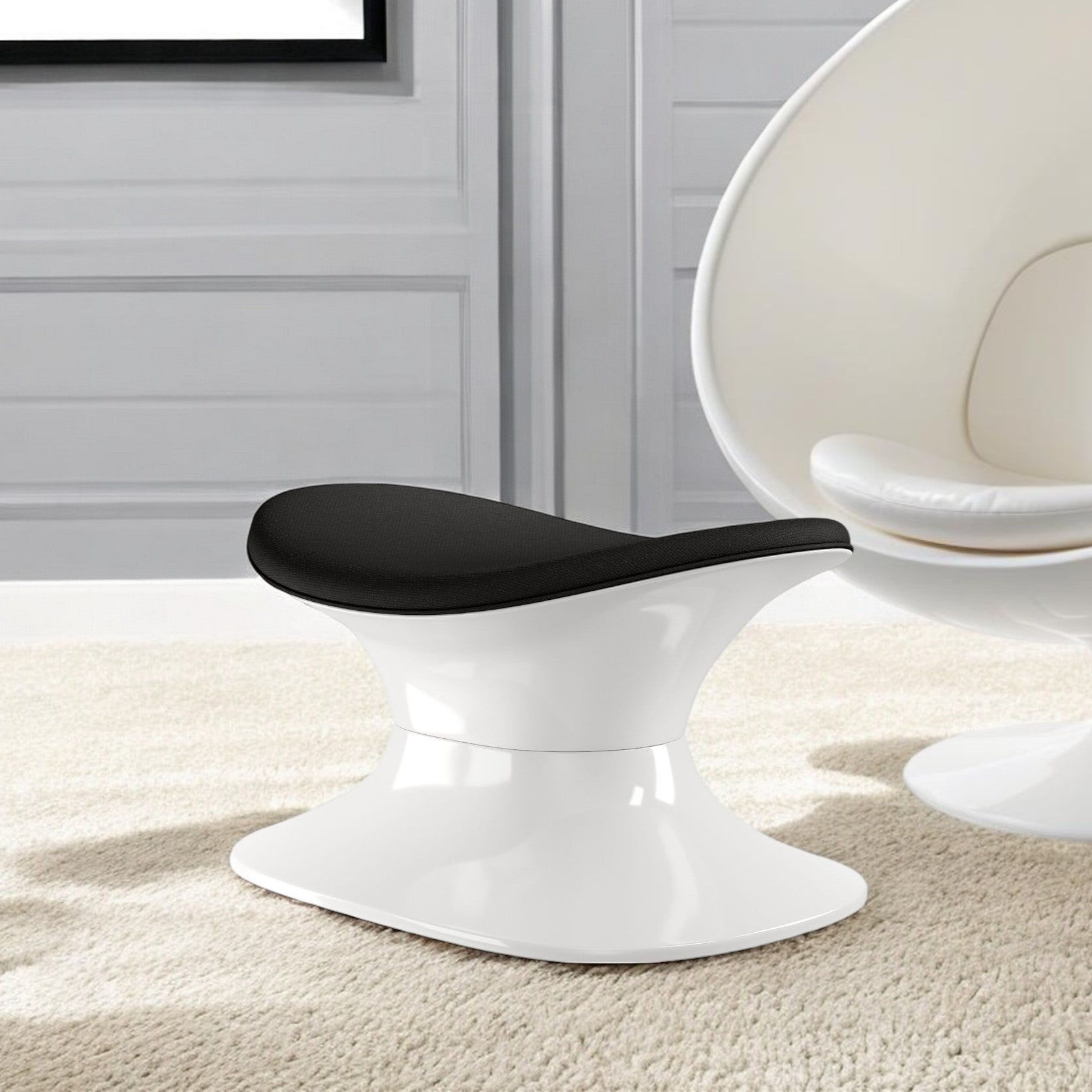 21" Black and White Wool And Fiberglass Contempo Footstool Ottoman-Ottomans-DECOROLALA