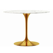 40" White And Gold Rounded Marble And Metal Pedestal Base Dining Table-Dining Tables-DECOROLALA