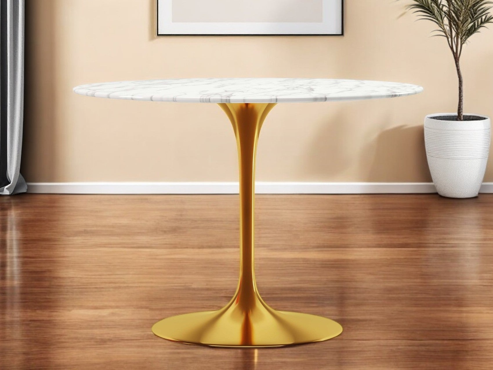 40" White And Gold Rounded Marble And Metal Pedestal Base Dining Table-Dining Tables-DECOROLALA