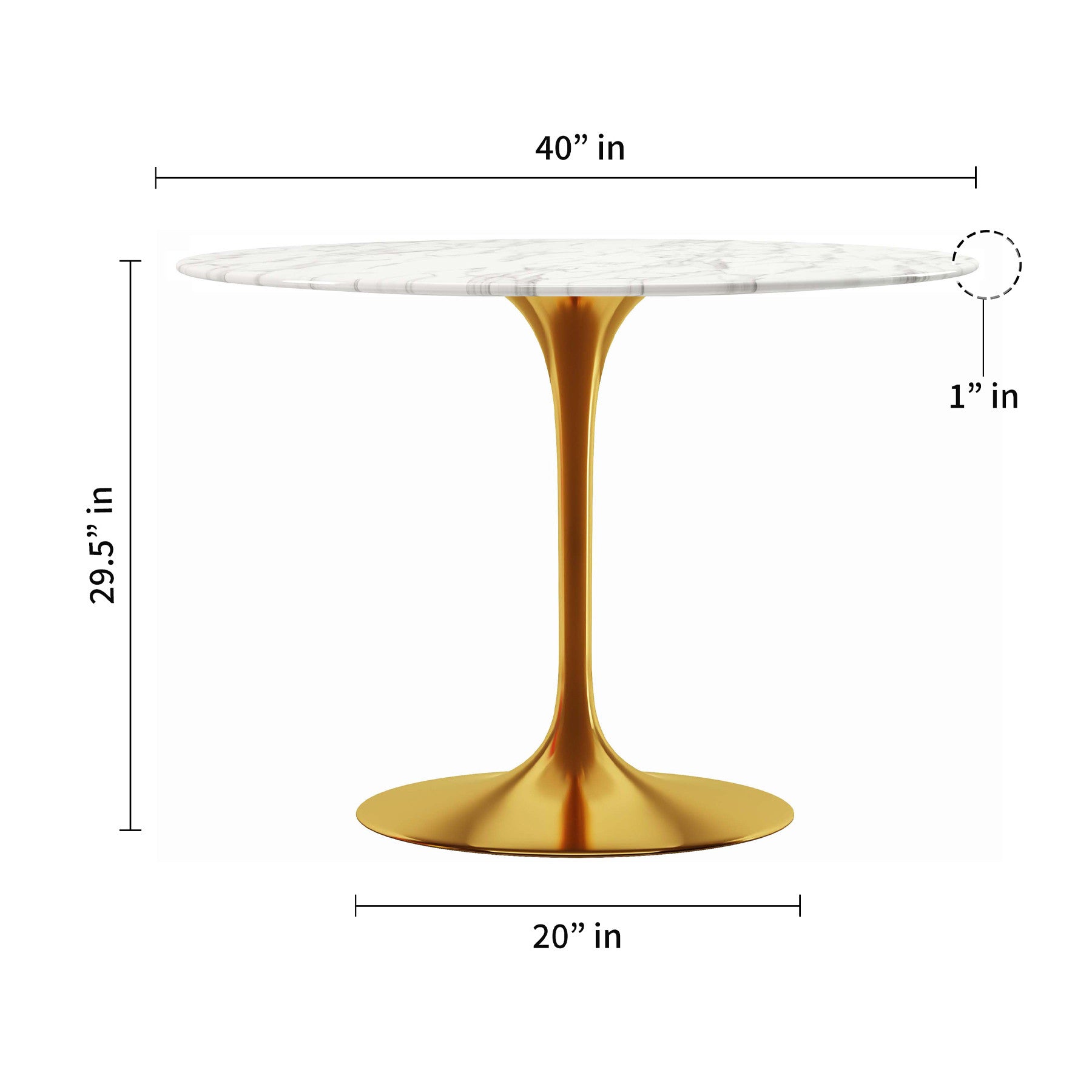 40" White And Gold Rounded Marble And Metal Pedestal Base Dining Table-Dining Tables-DECOROLALA