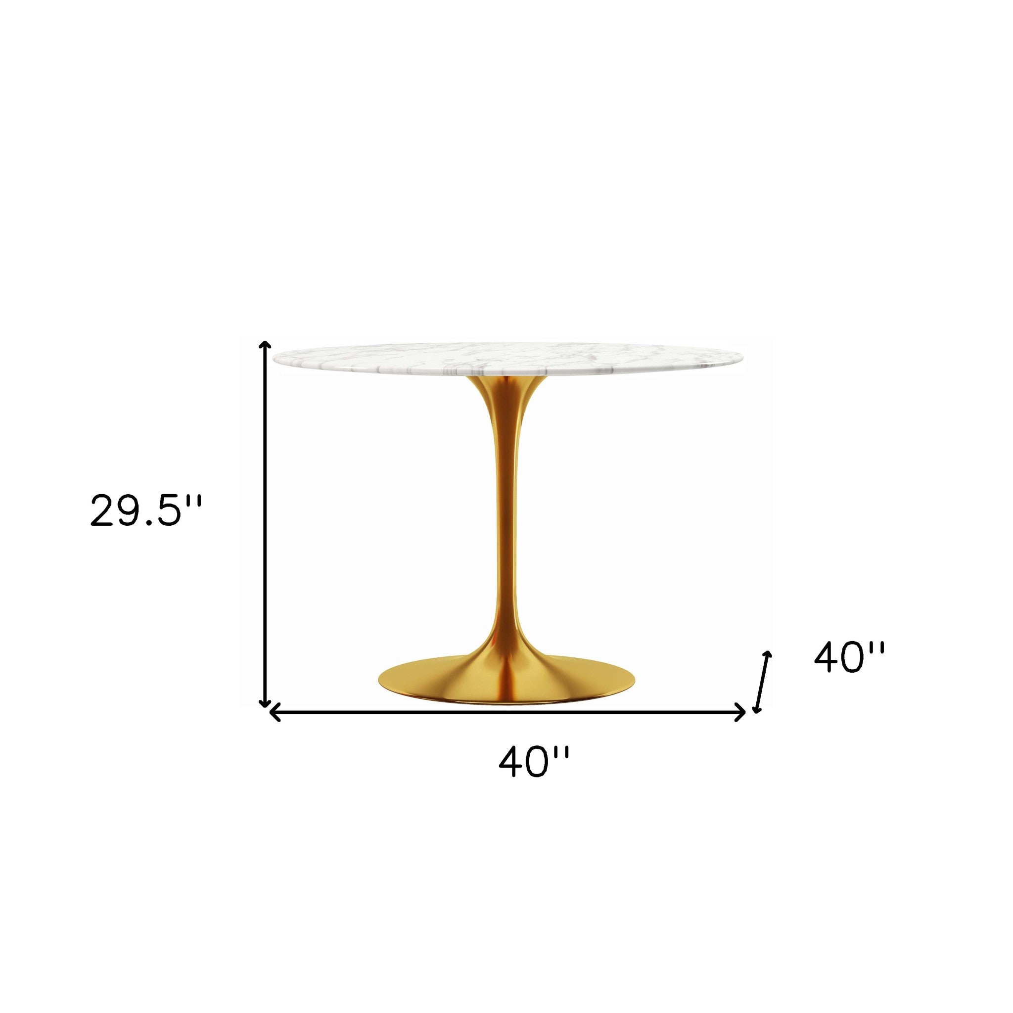 40" White And Gold Rounded Marble And Metal Pedestal Base Dining Table-Dining Tables-DECOROLALA