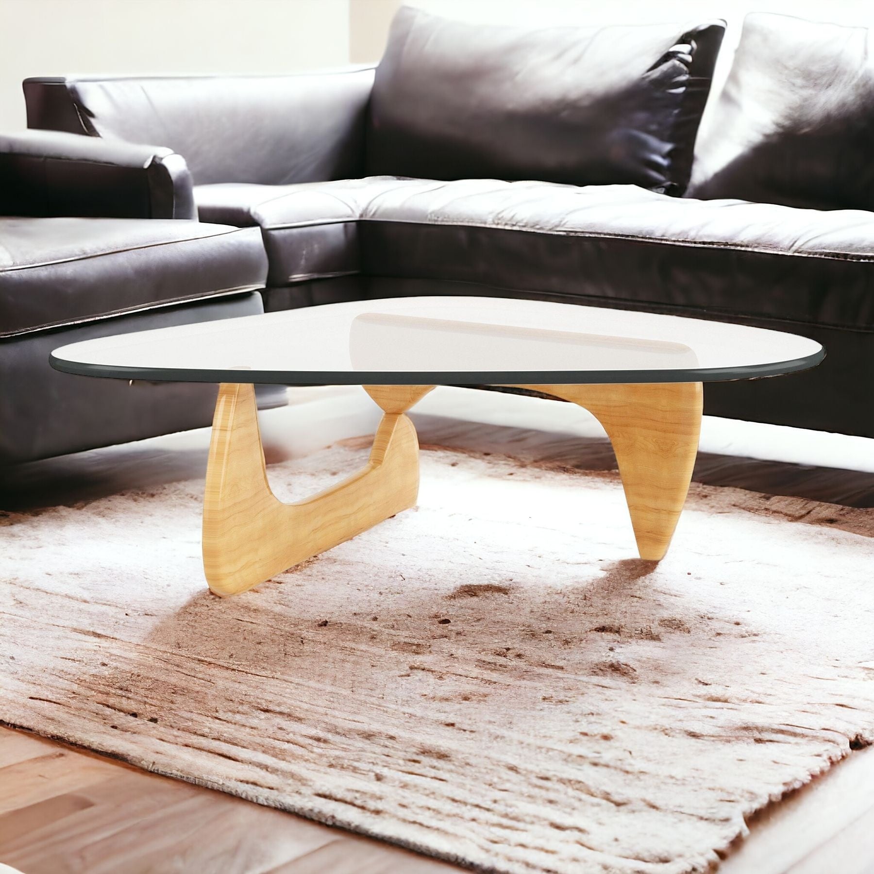 50" Clear And Natural Glass And Solid Wood Triangle Coffee Table-Coffee Tables-DECOROLALA