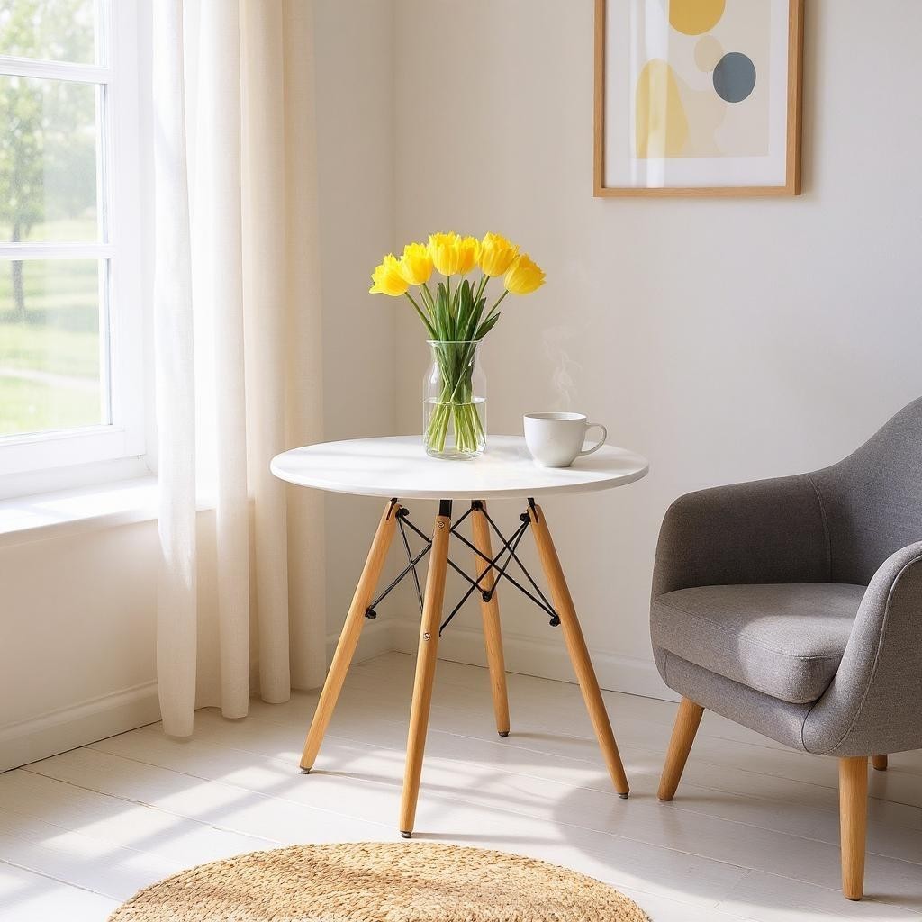 30" White And Natural Rounded Fiberglass And Solid Wood Dining Table-Dining Tables-DECOROLALA