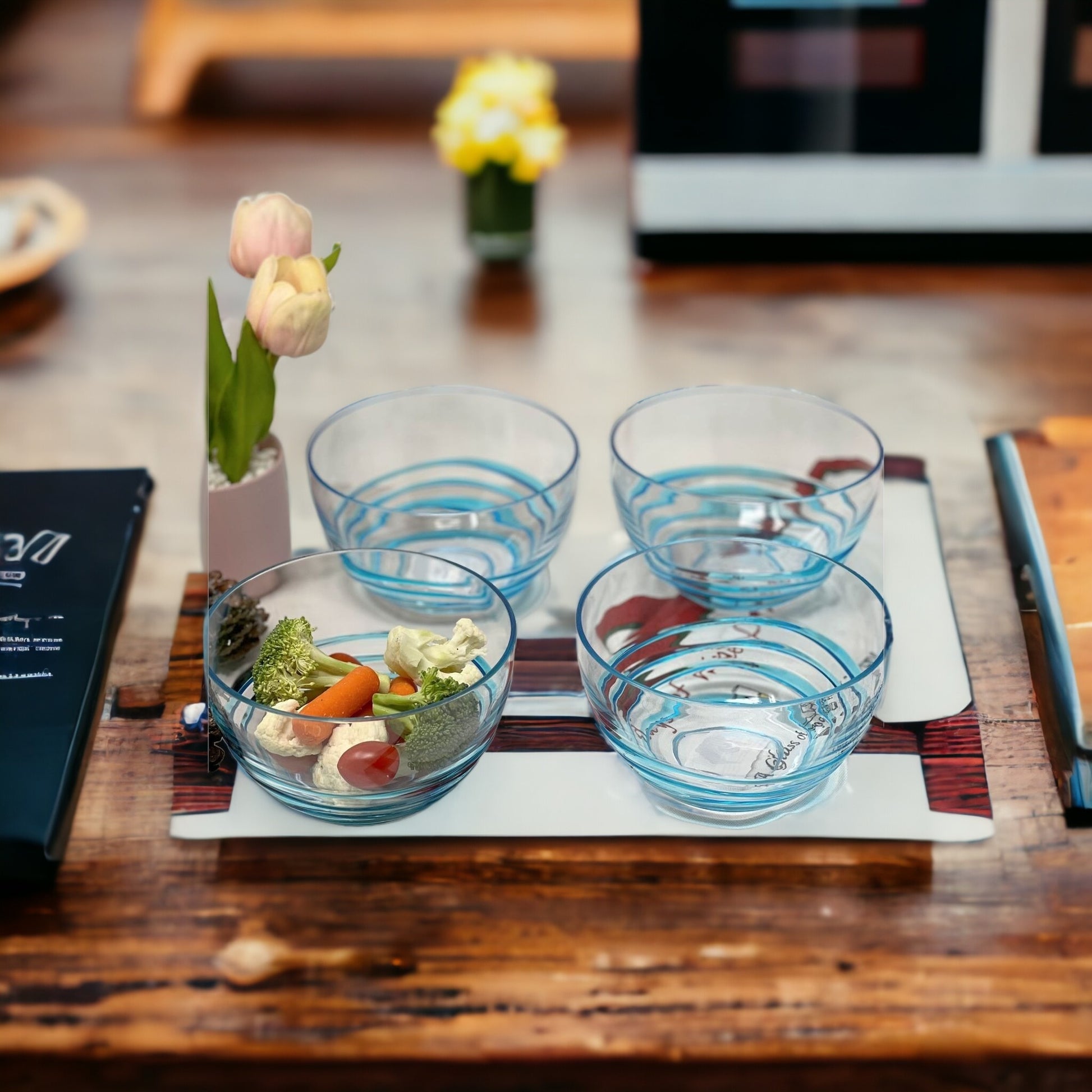 Clear and Blue Four Piece Swirl Acrylic Service For Four Bowl Set-Dinnerware-DECOROLALA