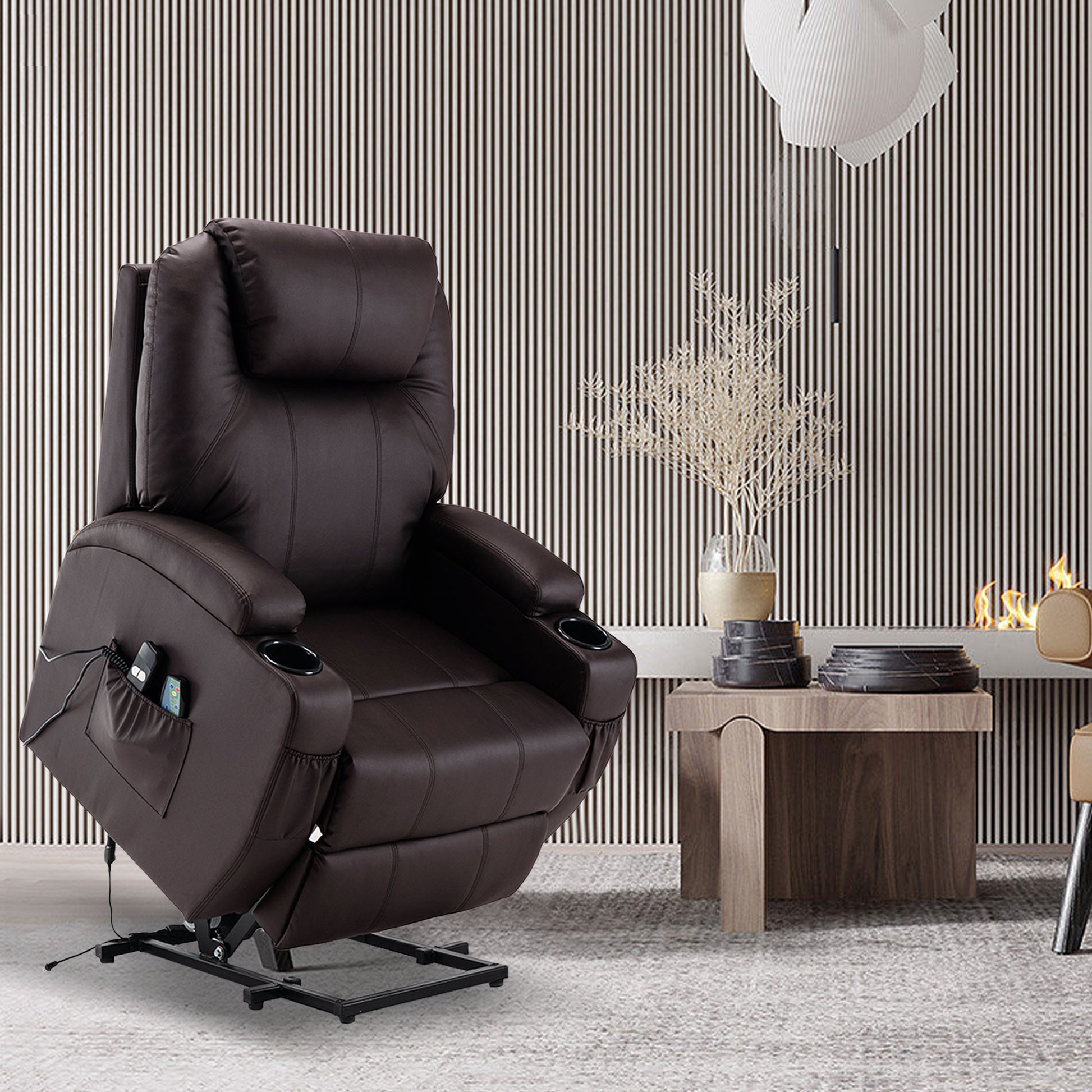 33" Brown Faux Leather Power Heated Massage Lift Assist Recliner-Recliners-DECOROLALA