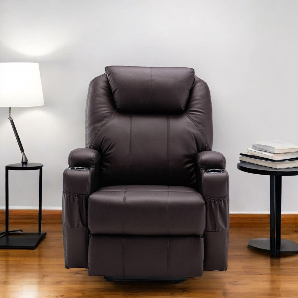 33" Brown Faux Leather Power Heated Massage Lift Assist Recliner-Recliners-DECOROLALA