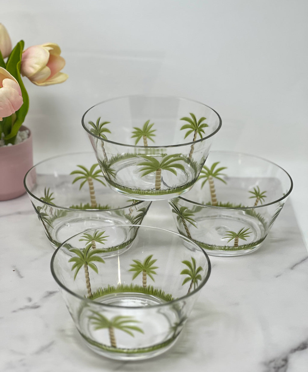 Clear and Green Four Piece Palm Tree Acrylic Service For Four Bowl Set-Dinnerware-DECOROLALA