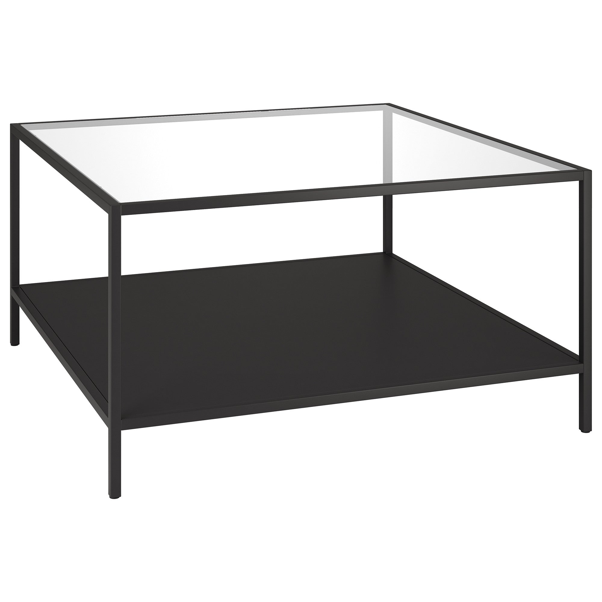 32" Black Glass And Steel Square Coffee Table With Shelf-Coffee Tables-DECOROLALA