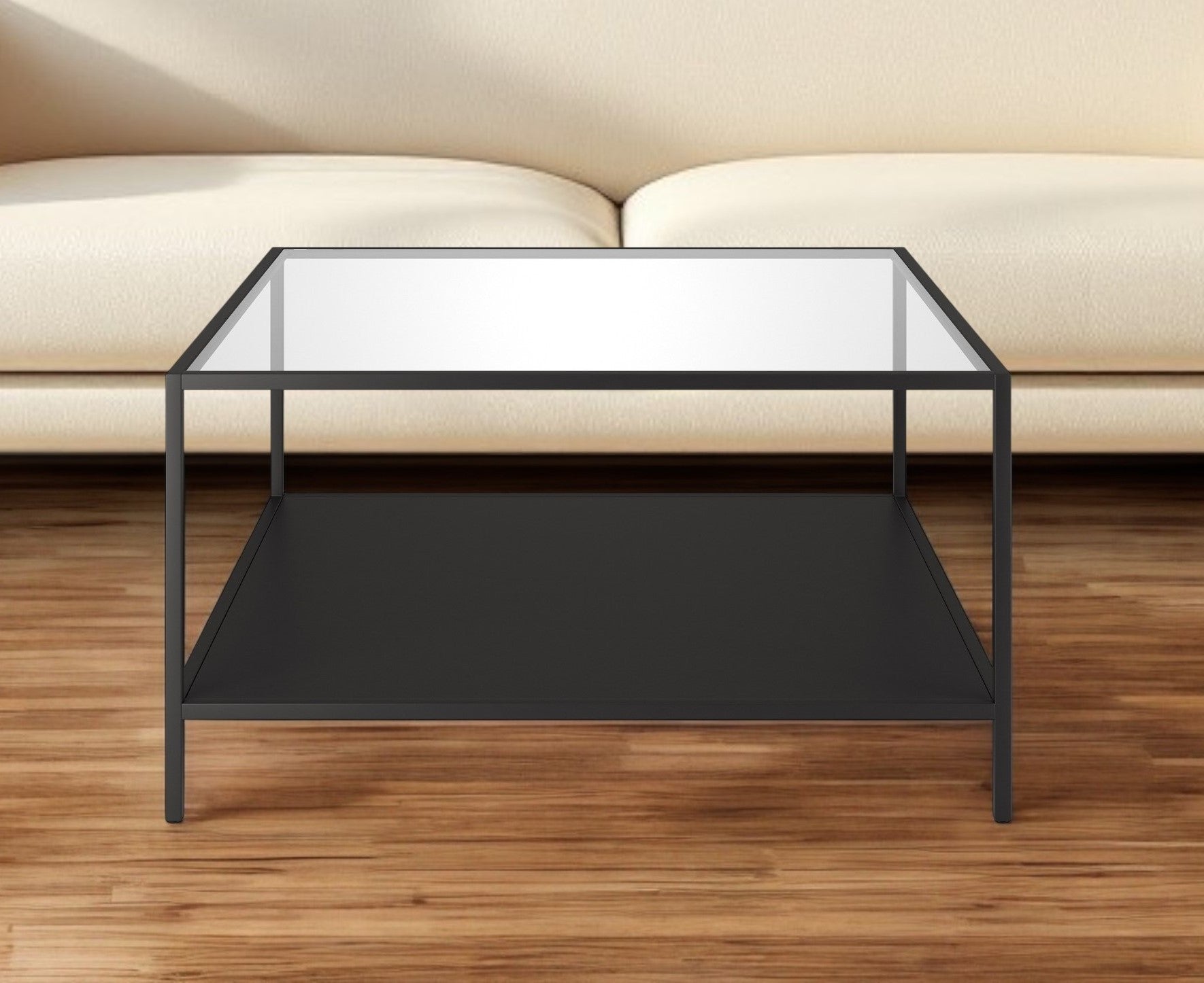 32" Black Glass And Steel Square Coffee Table With Shelf-Coffee Tables-DECOROLALA