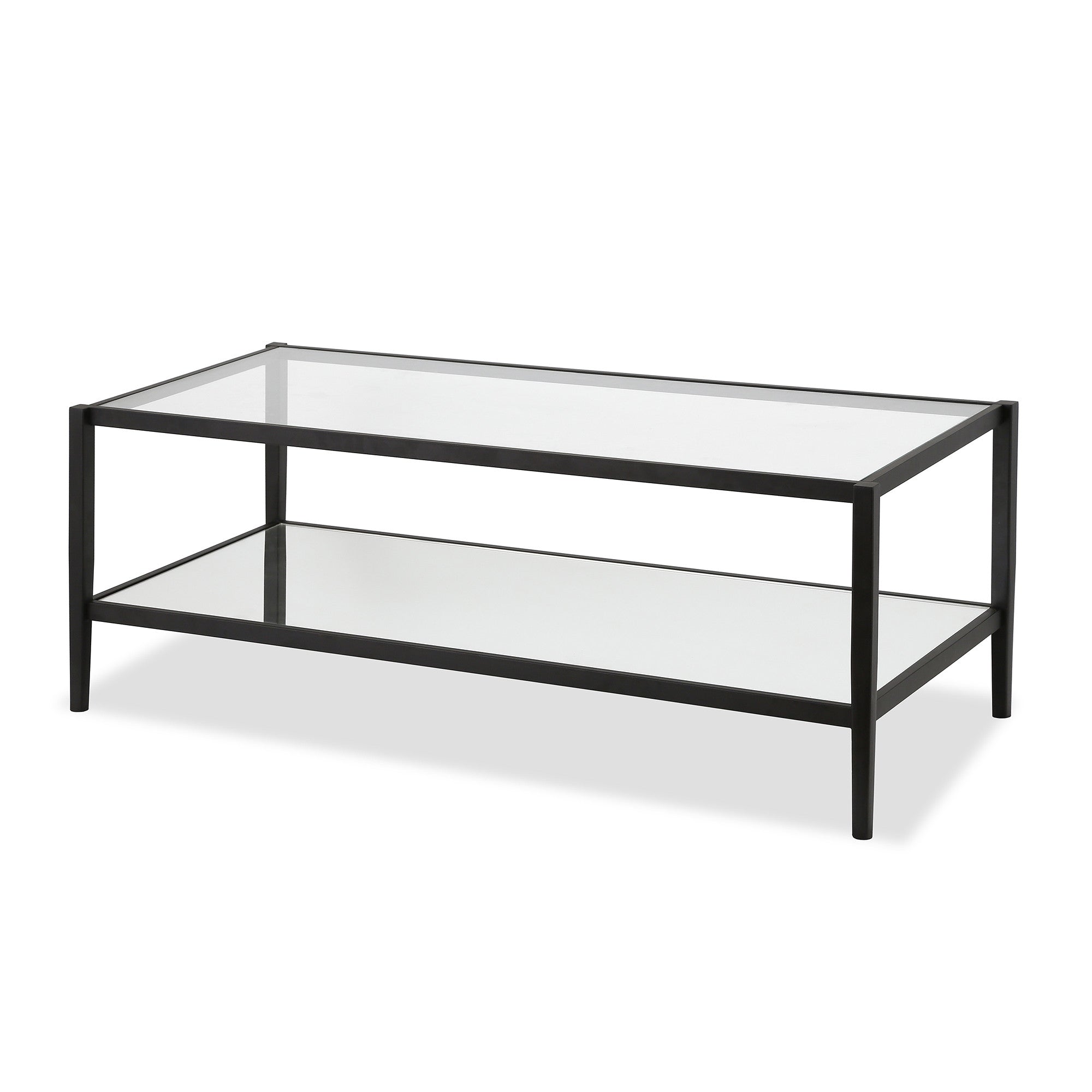 45" Black Glass And Steel Coffee Table With Shelf-Coffee Tables-DECOROLALA