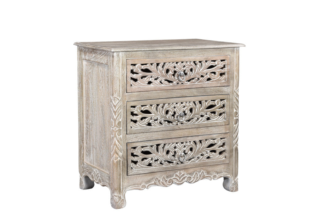 30" Distressed Gray Three Drawer Floral Carved Solid Wood Nightstand-Nightstands & Bedside Tables-DECOROLALA