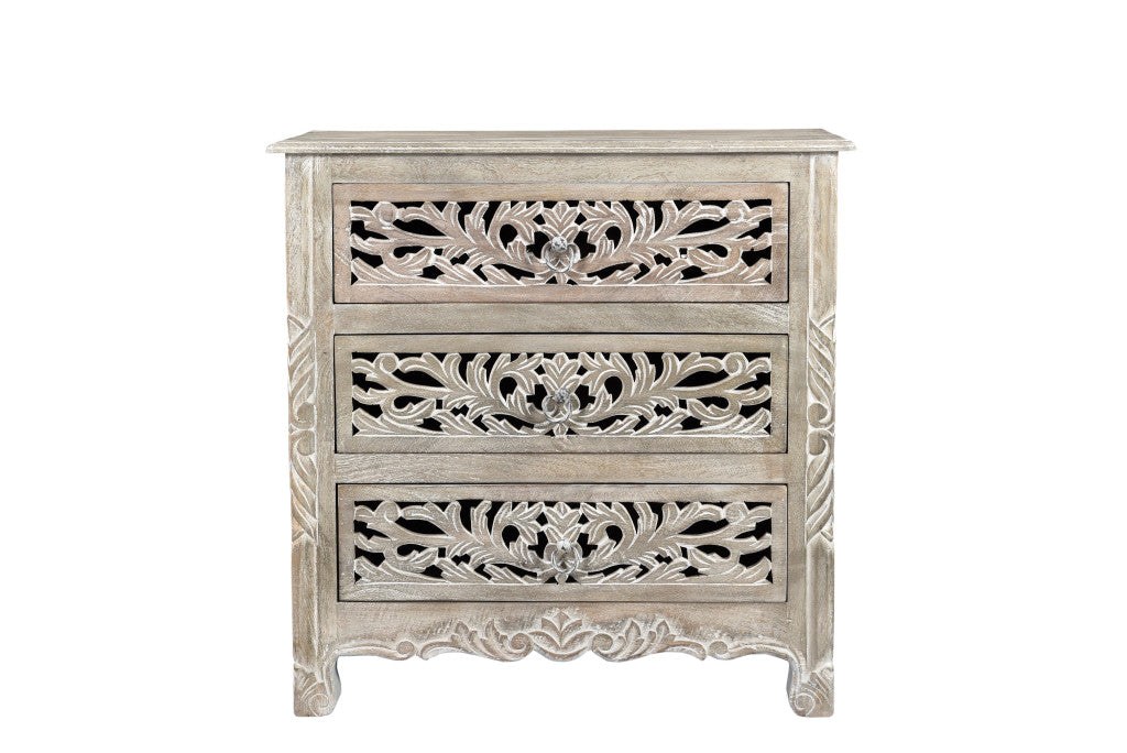30" Distressed Gray Three Drawer Floral Carved Solid Wood Nightstand-Nightstands & Bedside Tables-DECOROLALA