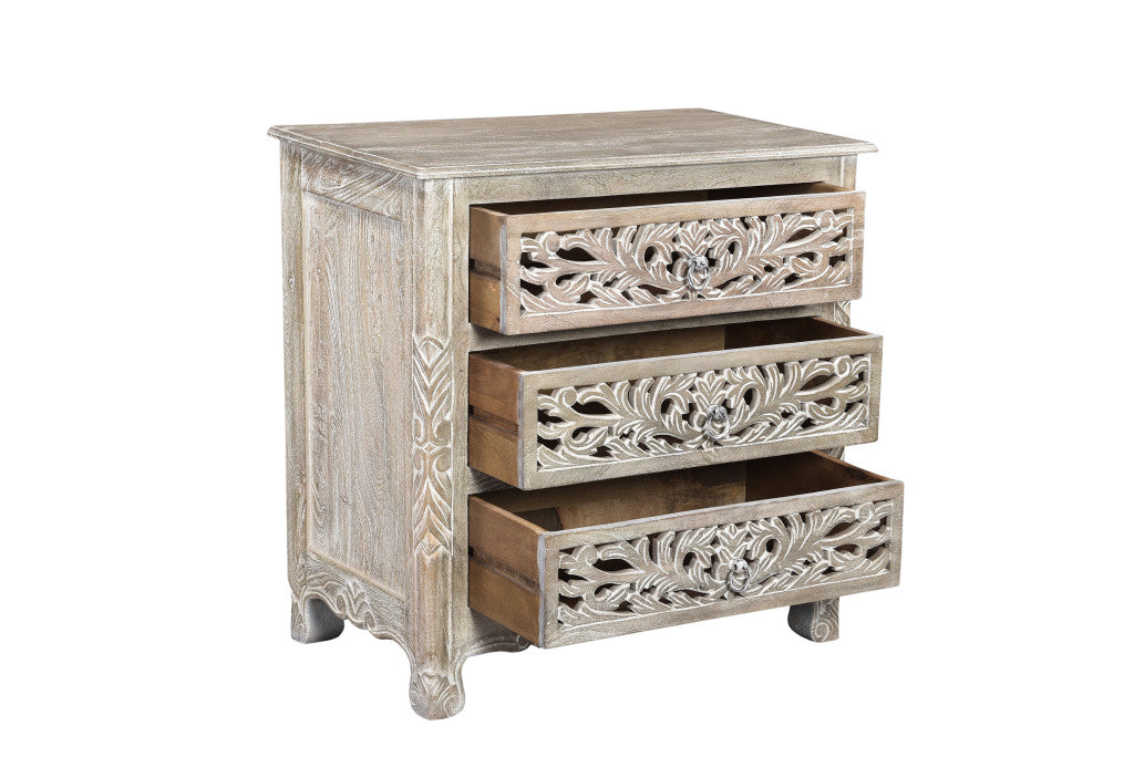 30" Distressed Gray Three Drawer Floral Carved Solid Wood Nightstand-Nightstands & Bedside Tables-DECOROLALA