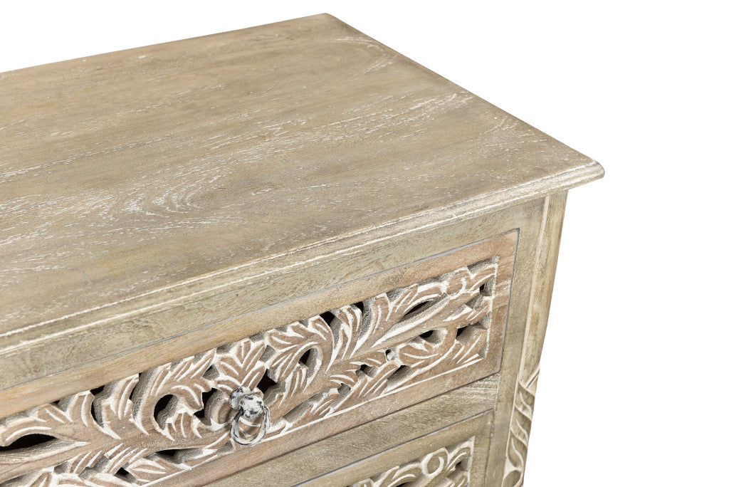 30" Distressed Gray Three Drawer Floral Carved Solid Wood Nightstand-Nightstands & Bedside Tables-DECOROLALA