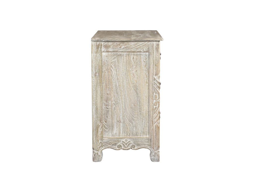 30" Distressed Gray Three Drawer Floral Carved Solid Wood Nightstand-Nightstands & Bedside Tables-DECOROLALA