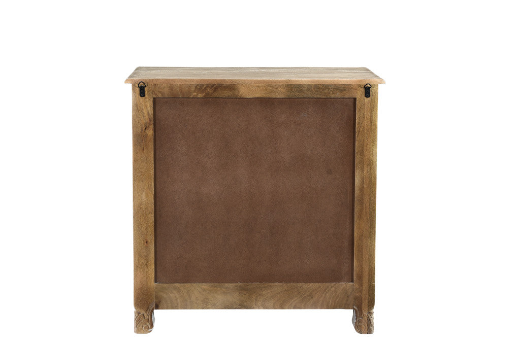 30" Distressed Gray Three Drawer Floral Carved Solid Wood Nightstand-Nightstands & Bedside Tables-DECOROLALA
