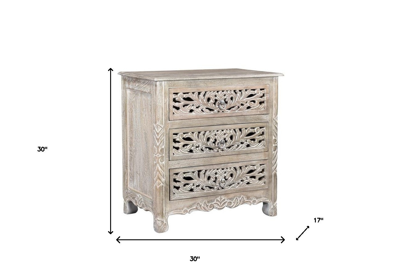 30" Distressed Gray Three Drawer Floral Carved Solid Wood Nightstand-Nightstands & Bedside Tables-DECOROLALA