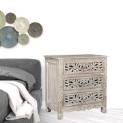 30" Distressed Gray Three Drawer Floral Carved Solid Wood Nightstand-Nightstands & Bedside Tables-DECOROLALA
