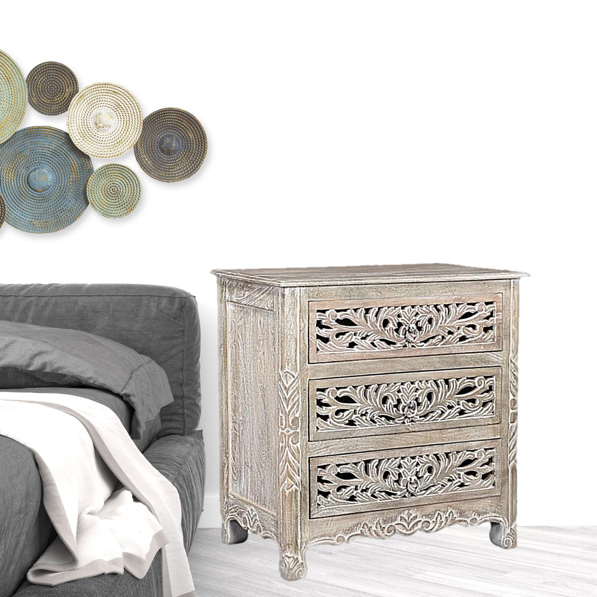 30" Distressed Gray Three Drawer Floral Carved Solid Wood Nightstand-Nightstands & Bedside Tables-DECOROLALA