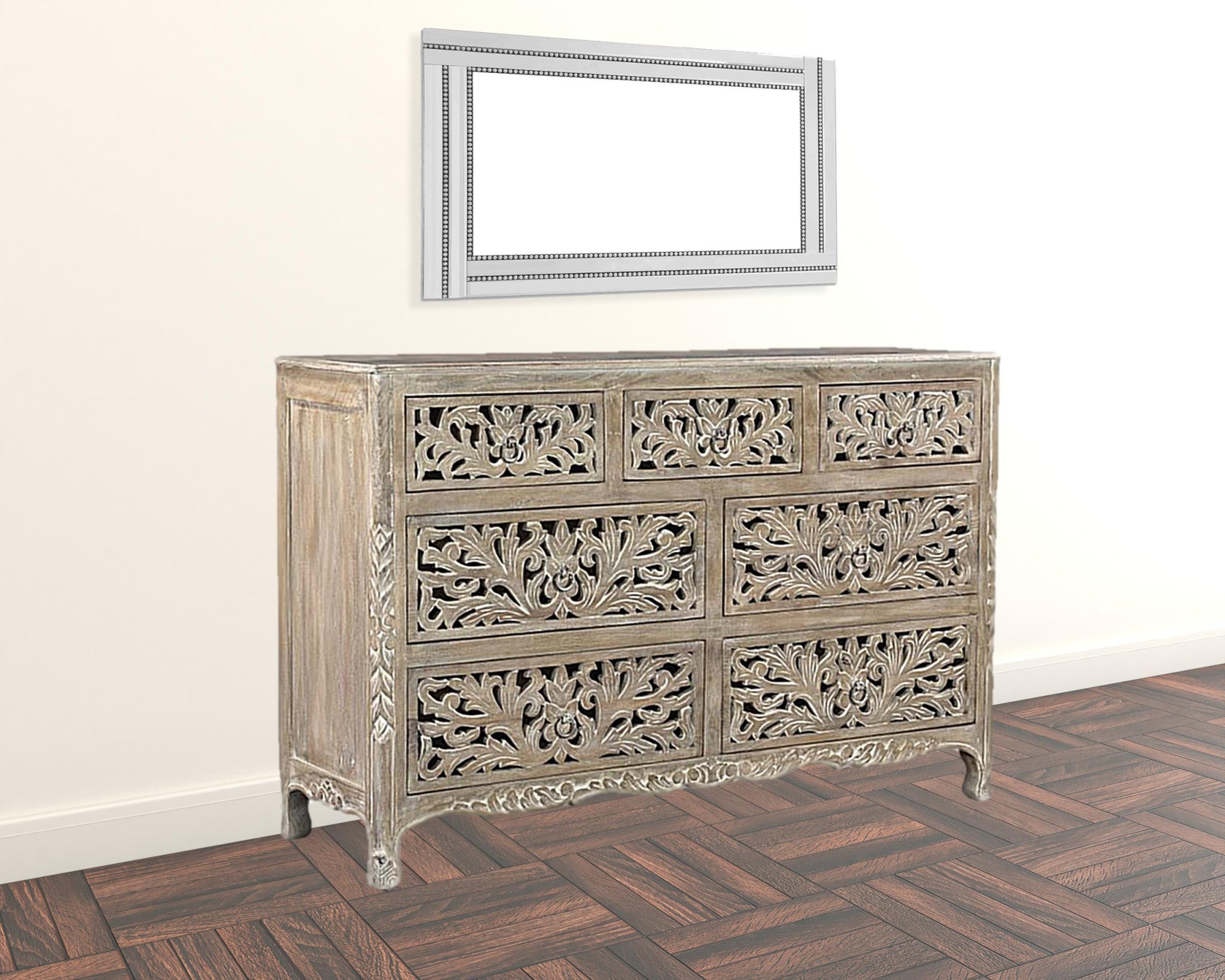 57" Gray Solid Wood Seven Drawer Dresser-Dressers-DECOROLALA