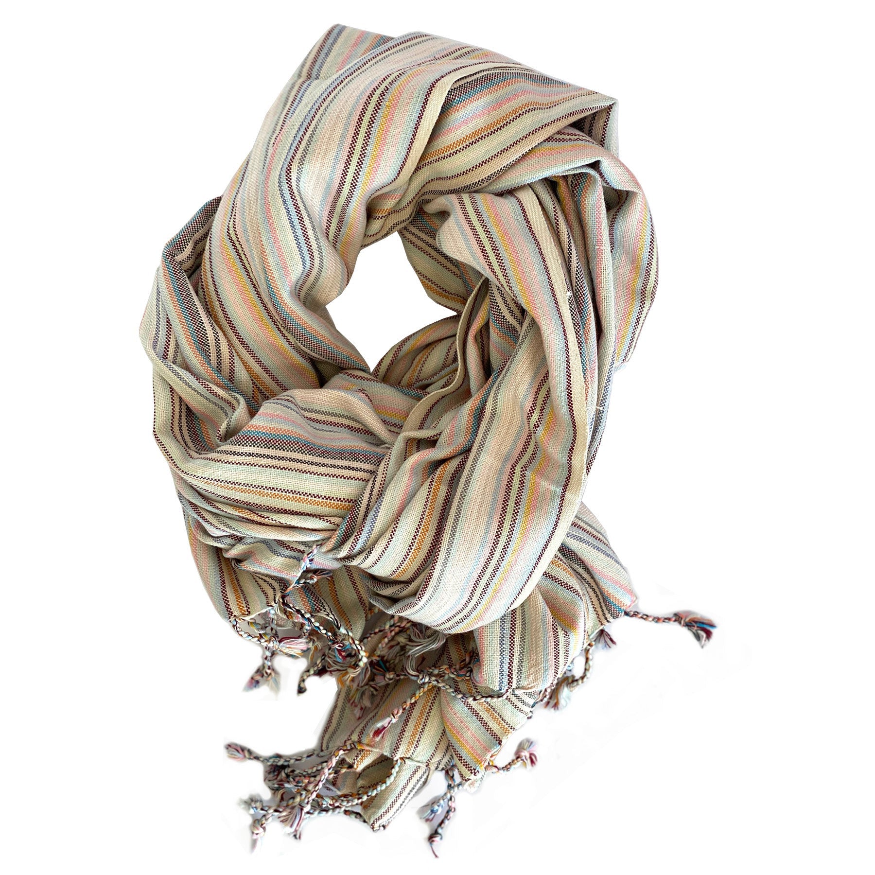 39" X 71" Beige and Pink Cotton Striped Turkish Towel Throw Blanket with Tassels-Throws & Blankets-DECOROLALA