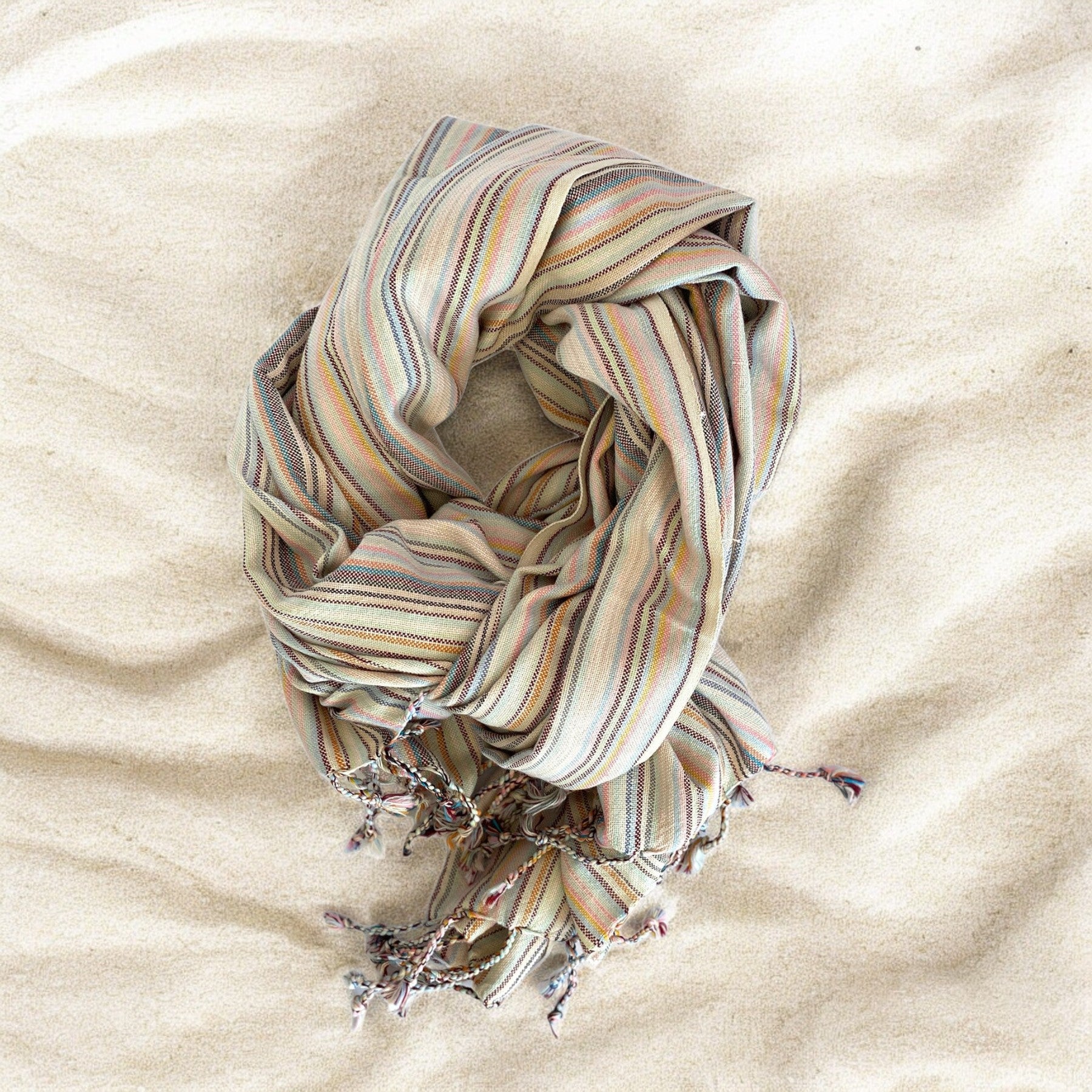 39" X 71" Beige and Pink Cotton Striped Turkish Towel Throw Blanket with Tassels-Throws & Blankets-DECOROLALA