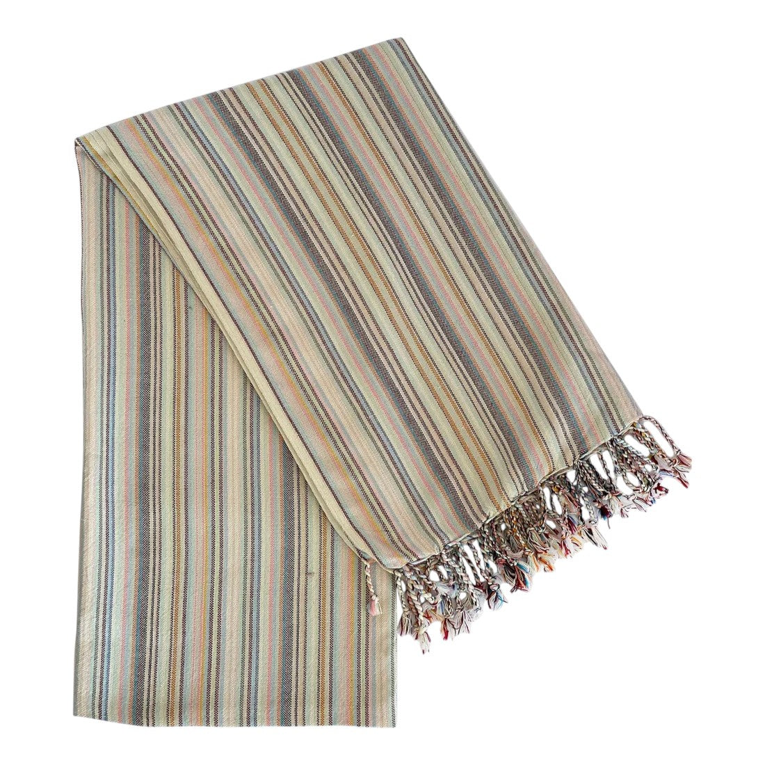 39" X 71" Beige and Pink Cotton Striped Turkish Towel Throw Blanket with Tassels-Throws & Blankets-DECOROLALA