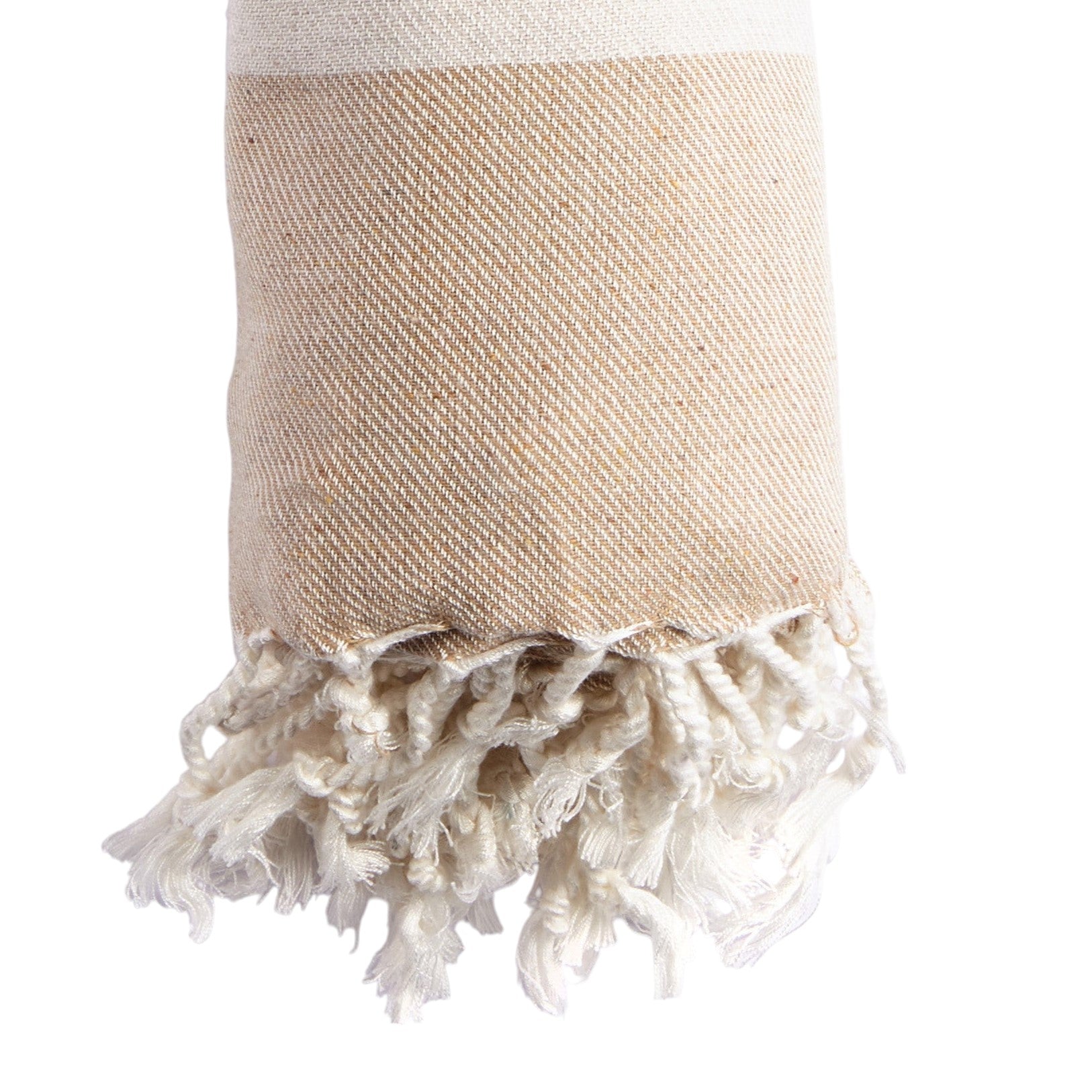 59" X 71" Beige and Ivory Cotton Striped Turkish Towel Throw Blanket with Tassels-Throws & Blankets-DECOROLALA