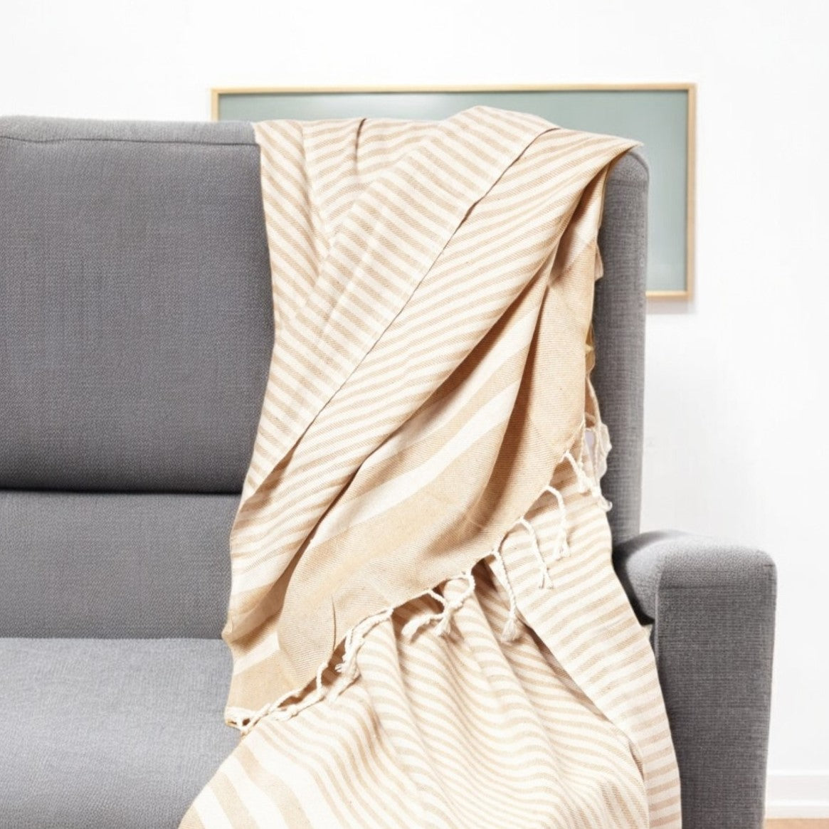 59" X 71" Beige and Ivory Cotton Striped Turkish Towel Throw Blanket with Tassels-Throws & Blankets-DECOROLALA
