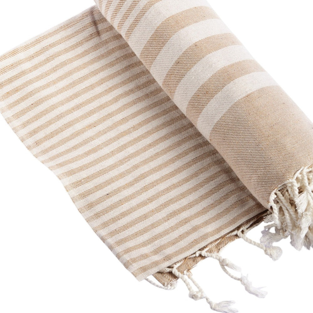 59" X 71" Beige and Ivory Cotton Striped Turkish Towel Throw Blanket with Tassels-Throws & Blankets-DECOROLALA