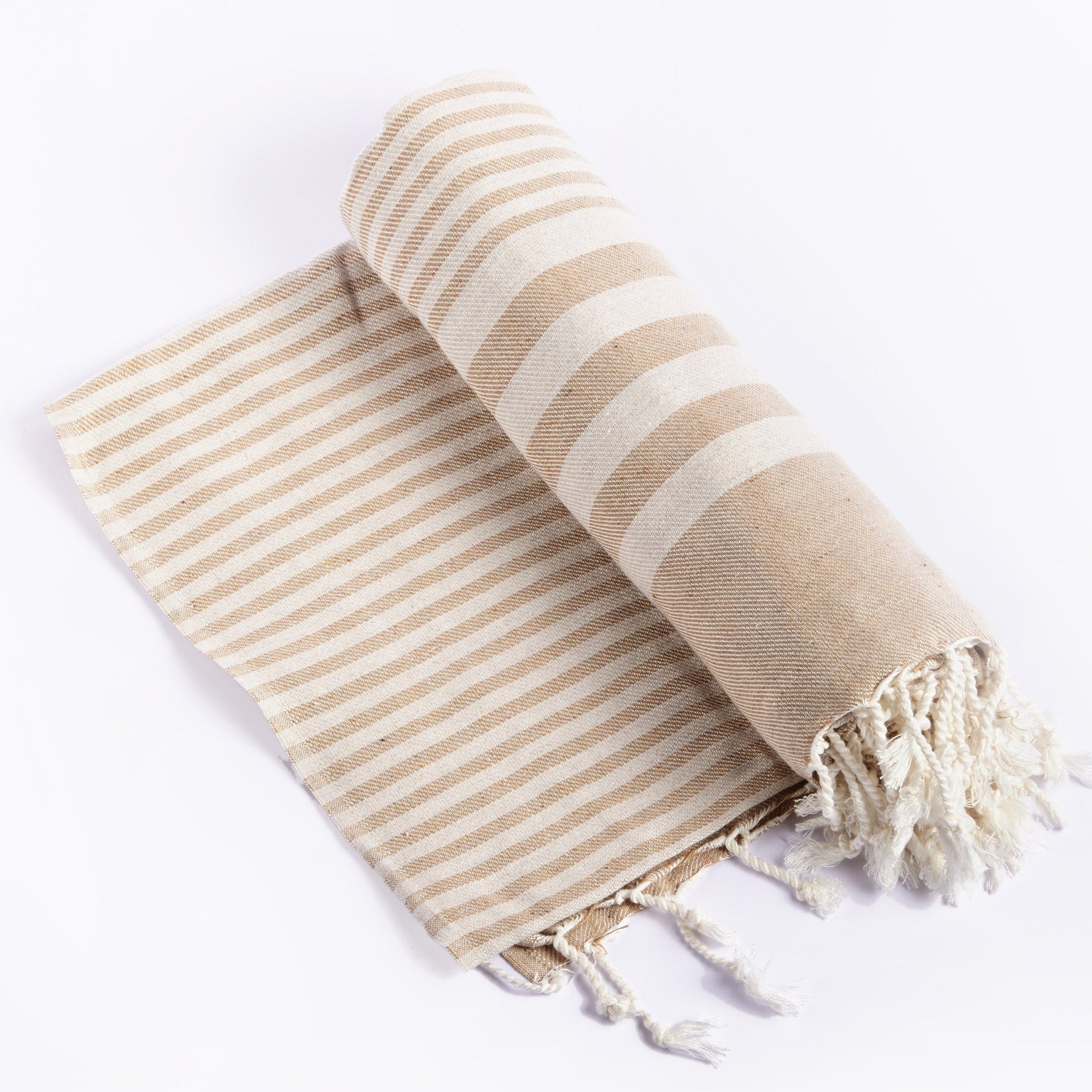 59" X 71" Beige and Ivory Cotton Striped Turkish Towel Throw Blanket with Tassels-Throws & Blankets-DECOROLALA