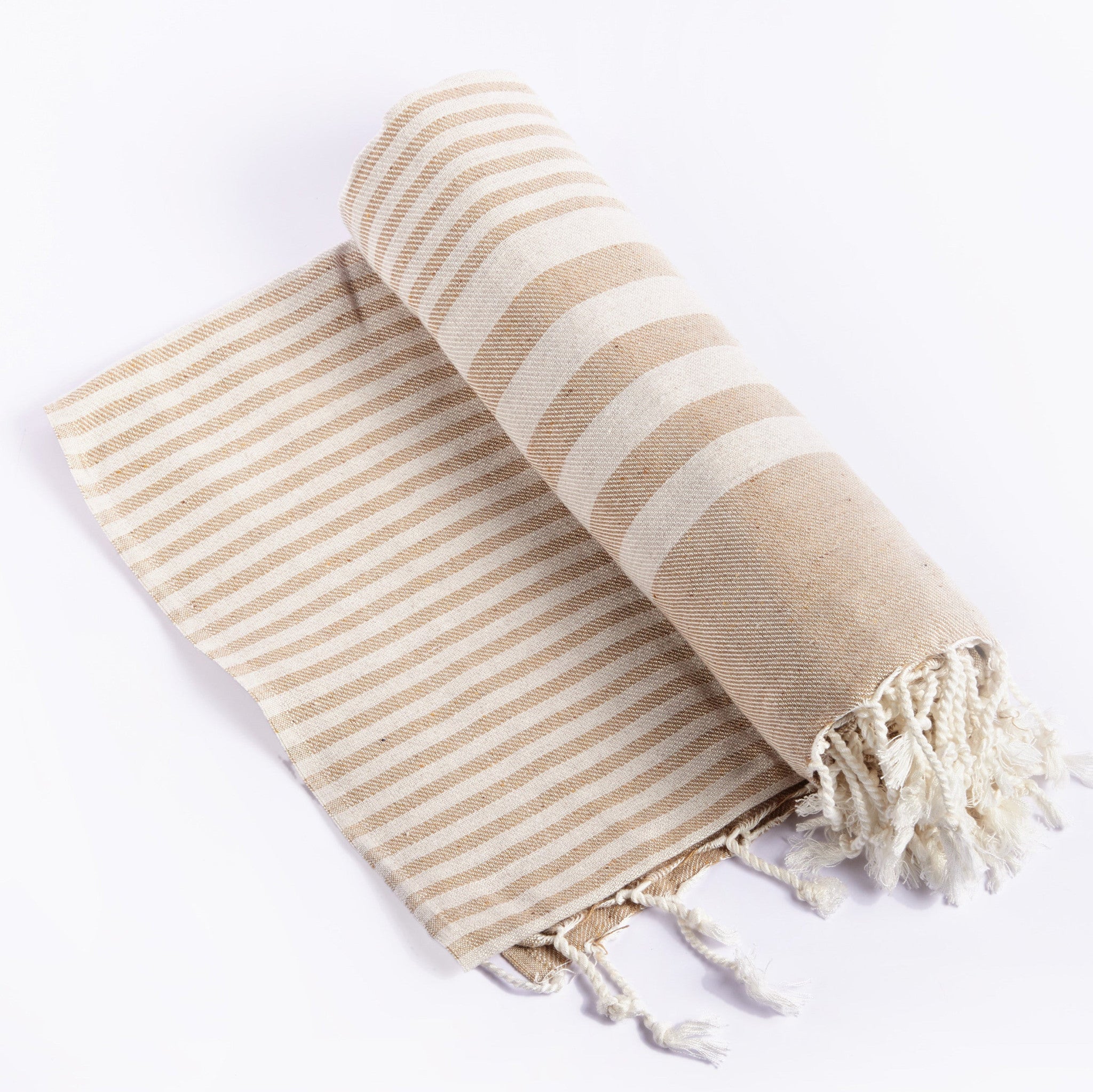 59" X 71" Beige and Ivory Cotton Striped Turkish Towel Throw Blanket with Tassels-Throws & Blankets-DECOROLALA