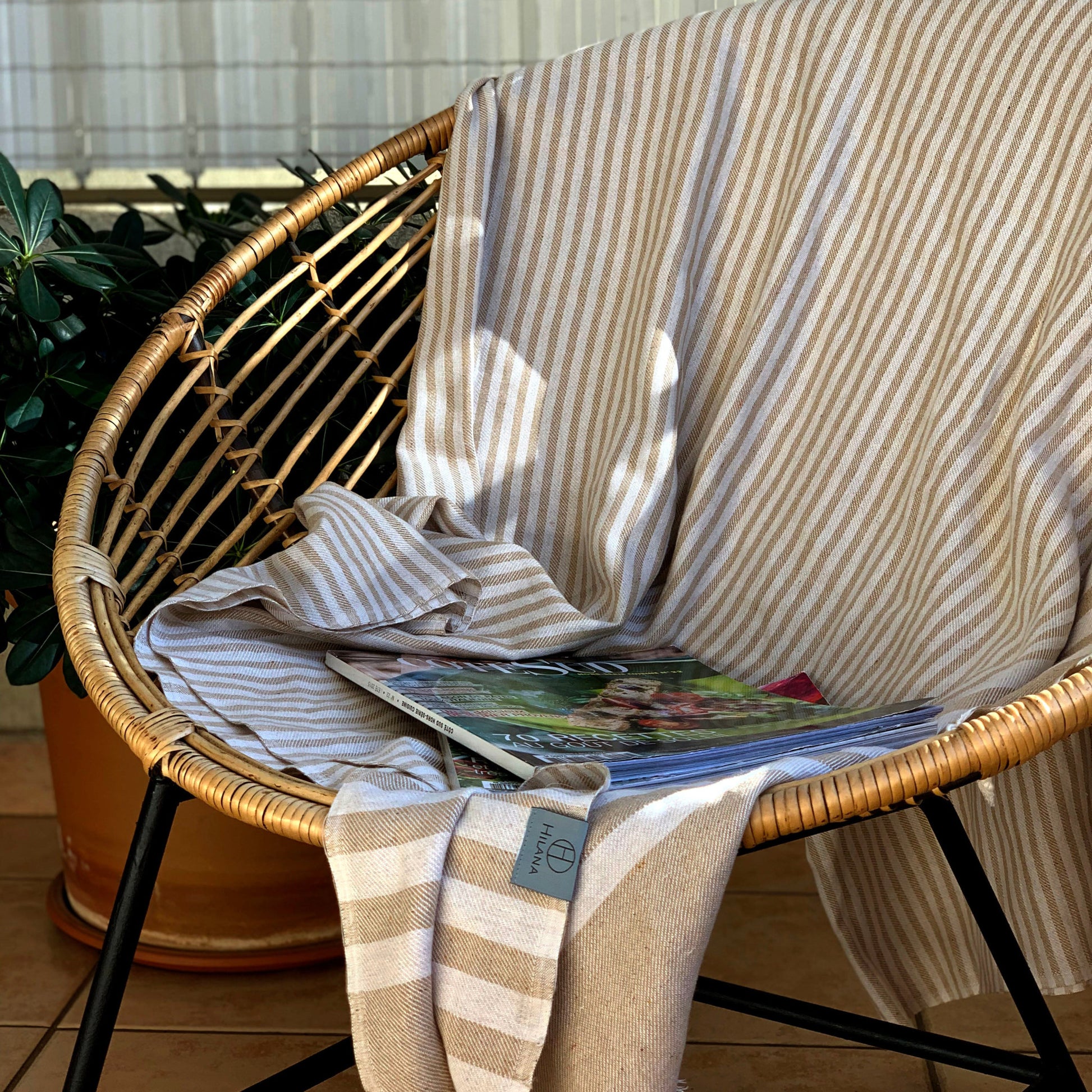 59" X 71" Beige and Ivory Cotton Striped Turkish Towel Throw Blanket with Tassels-Throws & Blankets-DECOROLALA