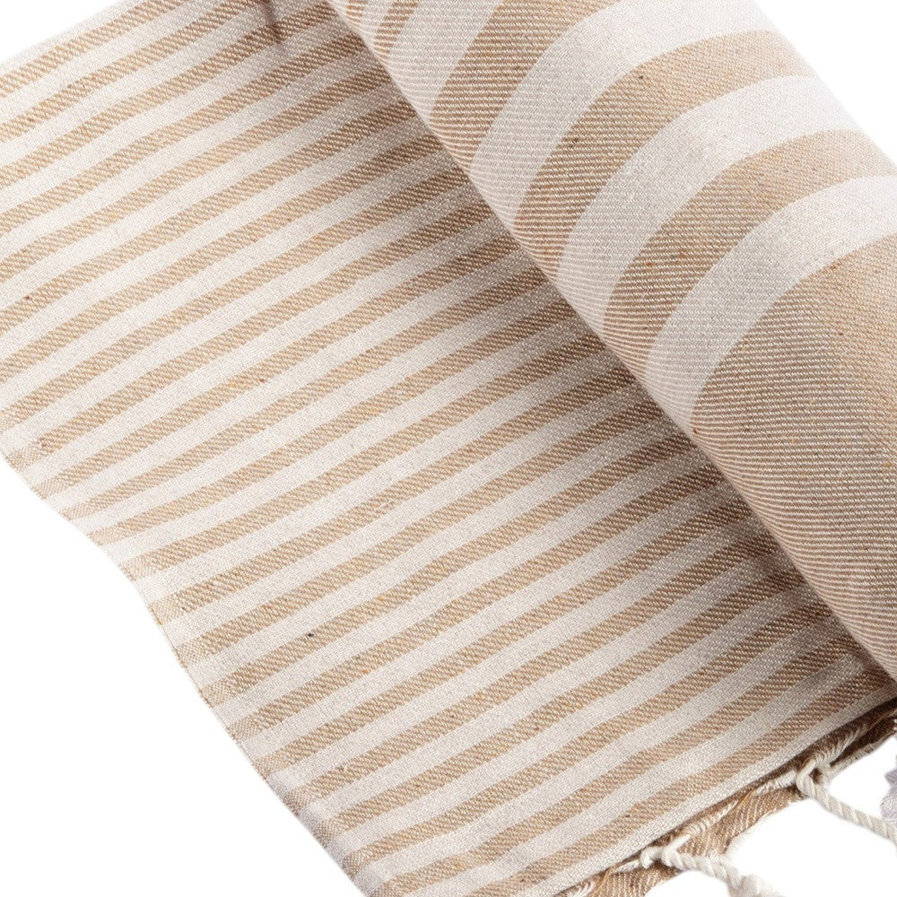59" X 71" Beige and Ivory Cotton Striped Turkish Towel Throw Blanket with Tassels-Throws & Blankets-DECOROLALA