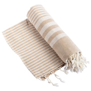 59" X 71" Beige and Ivory Cotton Striped Turkish Towel Throw Blanket with Tassels-Throws & Blankets-DECOROLALA