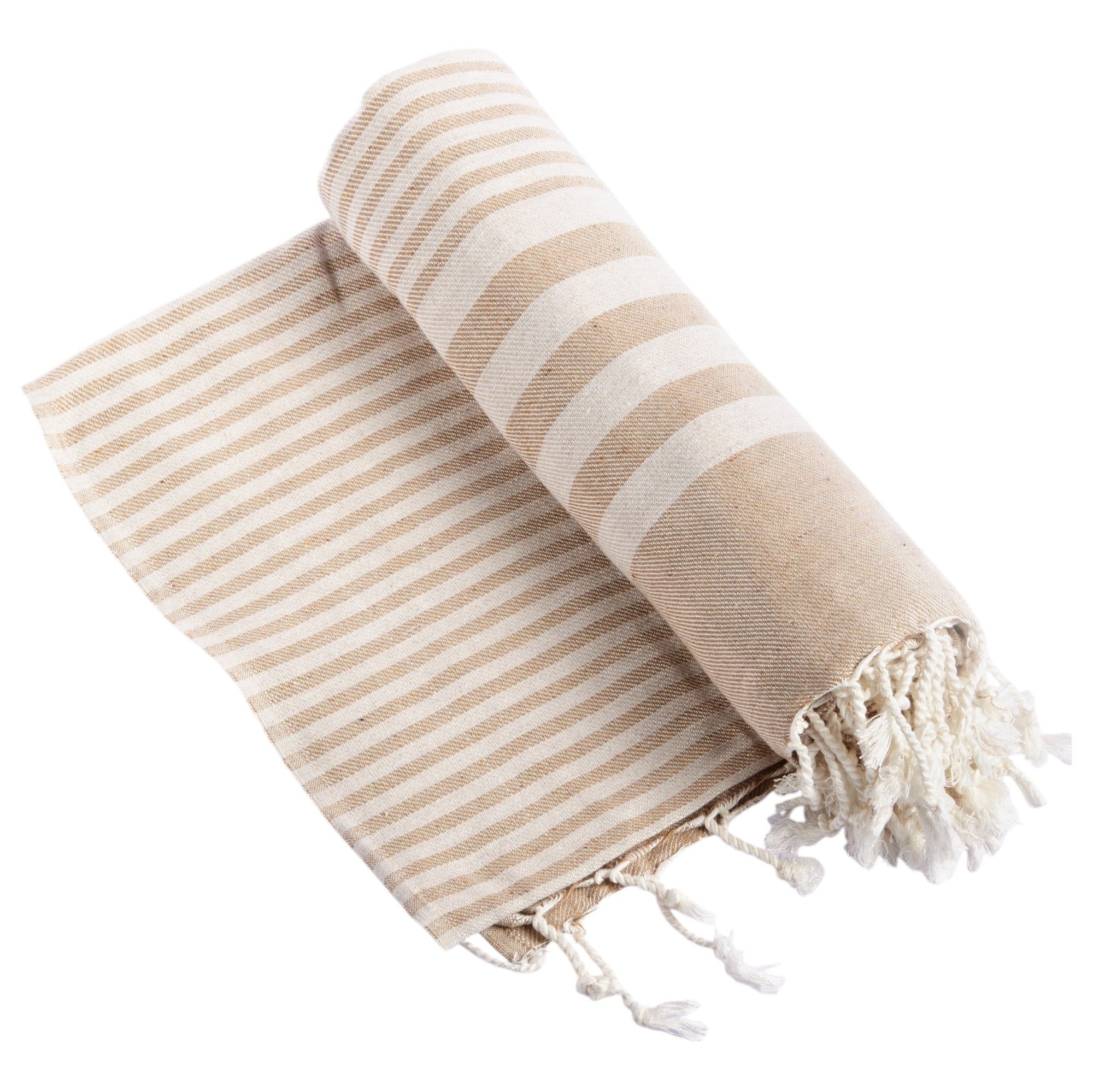 59" X 71" Beige and Ivory Cotton Striped Turkish Towel Throw Blanket with Tassels-Throws & Blankets-DECOROLALA
