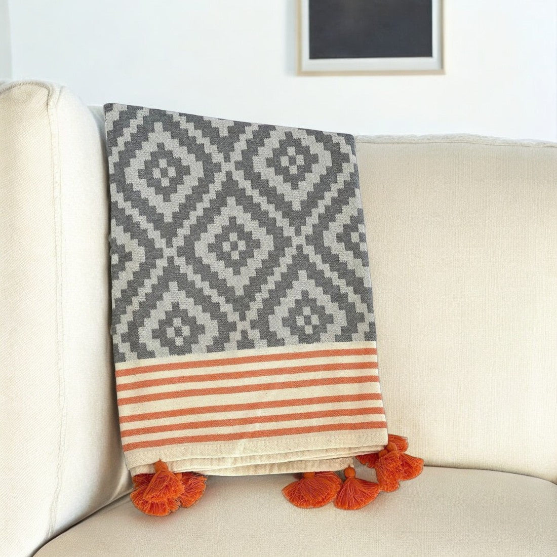 39" X 71" Gray and Orange Cotton Geometric Turkish Towel Throw Blanket with Tassels-Throws & Blankets-DECOROLALA