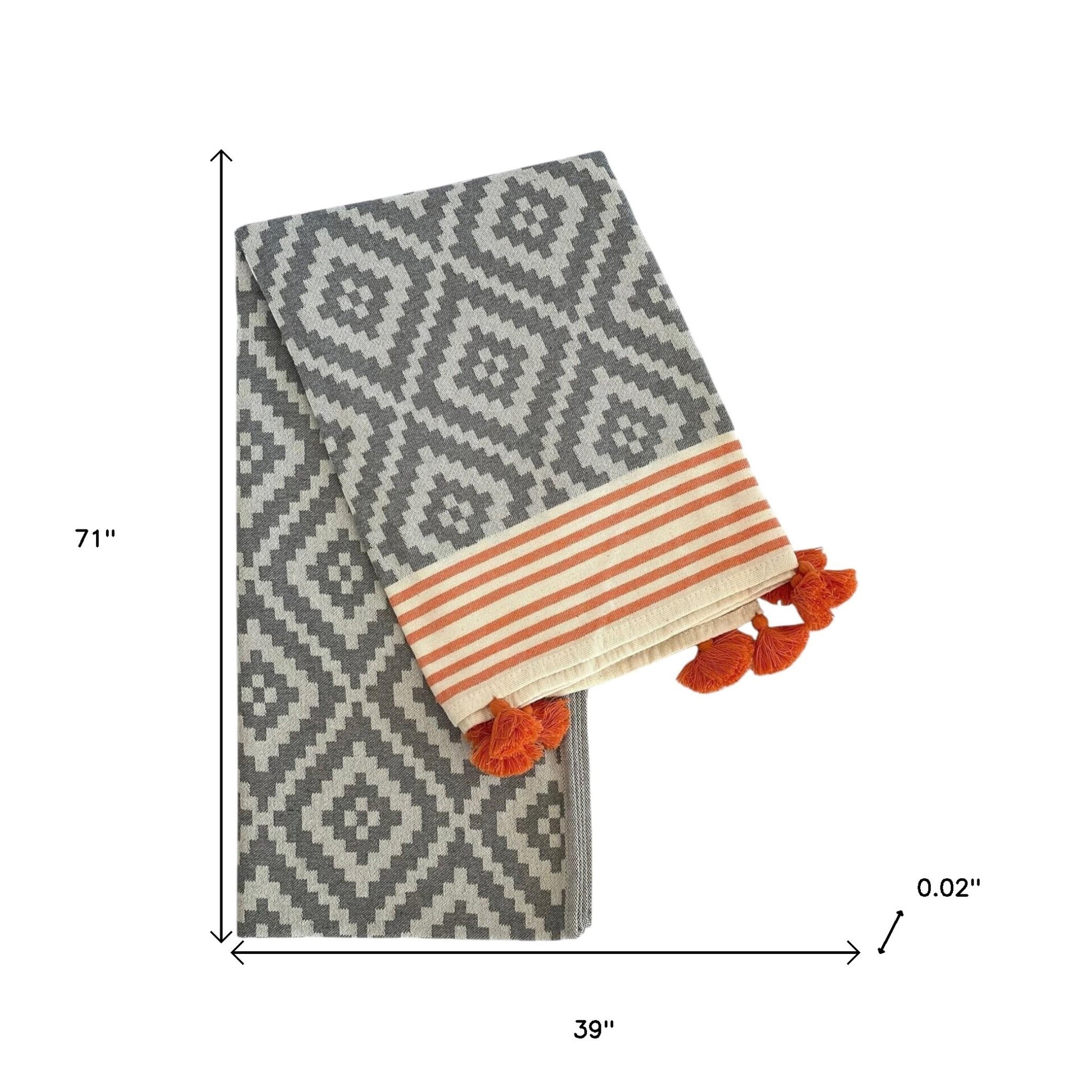 39" X 71" Gray and Orange Cotton Geometric Turkish Towel Throw Blanket with Tassels-Throws & Blankets-DECOROLALA