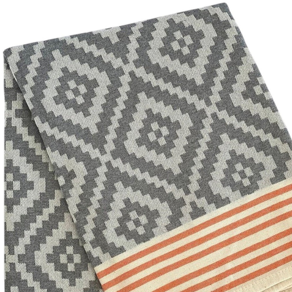 39" X 71" Gray and Orange Cotton Geometric Turkish Towel Throw Blanket with Tassels-Throws & Blankets-DECOROLALA