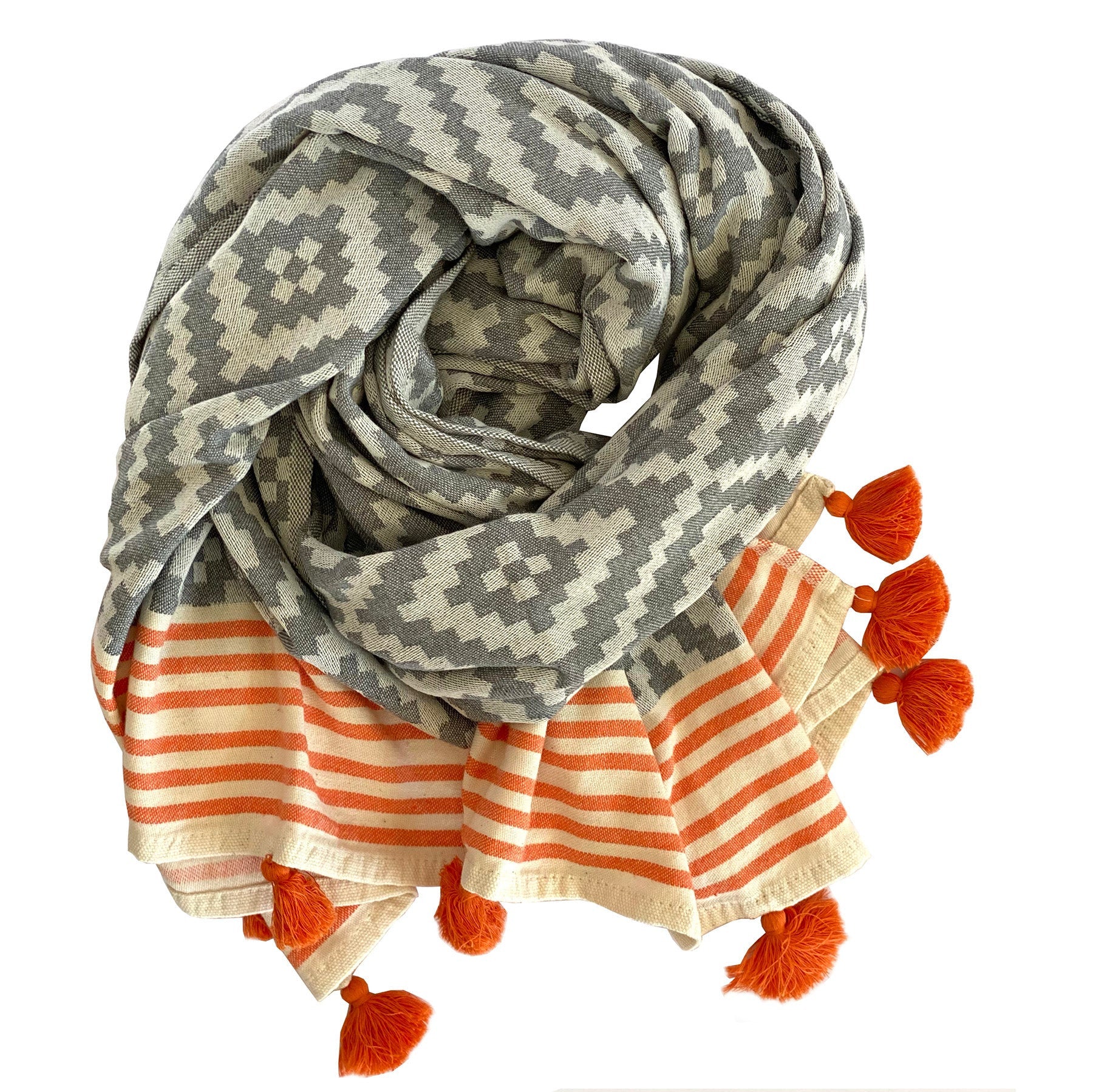 39" X 71" Gray and Orange Cotton Geometric Turkish Towel Throw Blanket with Tassels-Throws & Blankets-DECOROLALA