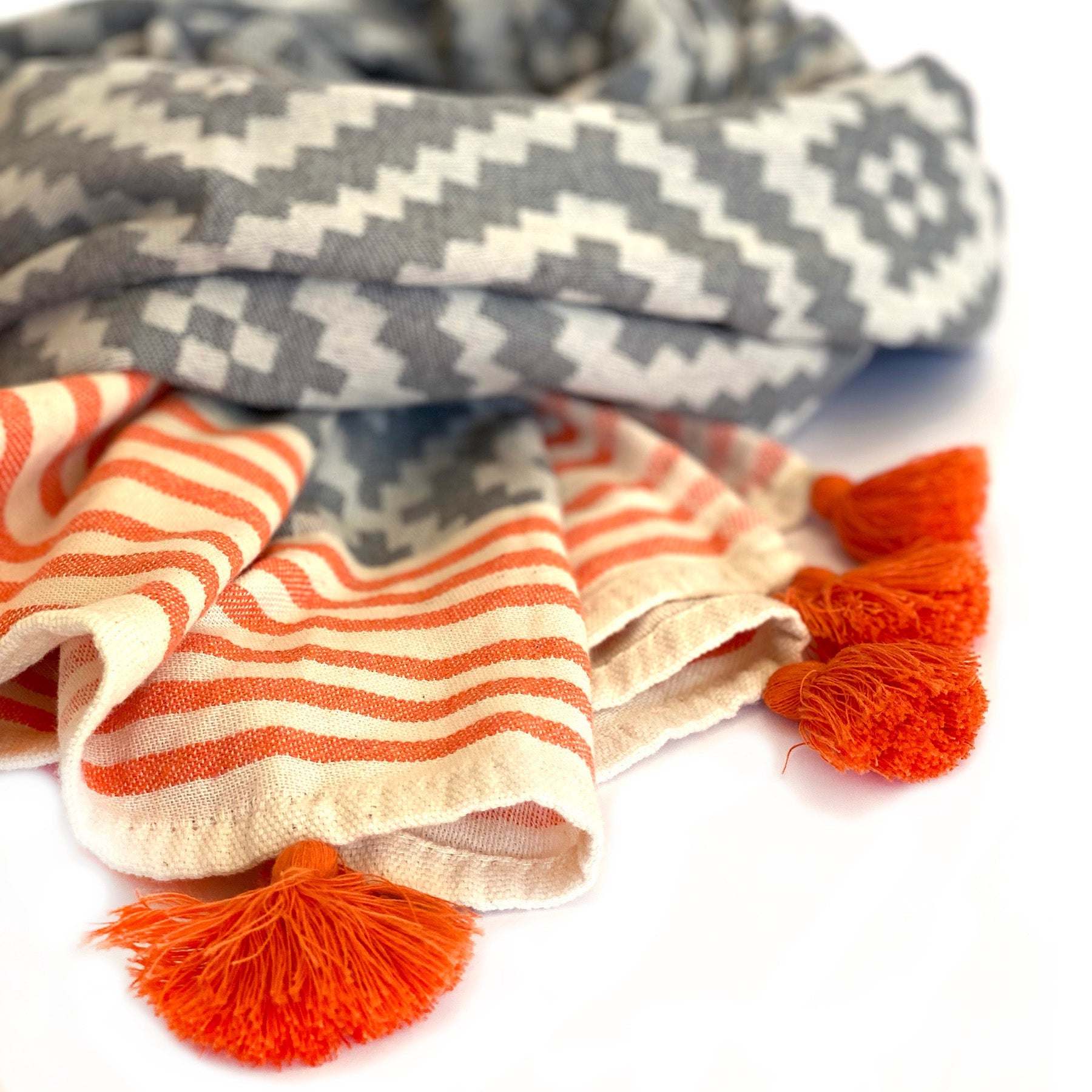 39" X 71" Gray and Orange Cotton Geometric Turkish Towel Throw Blanket with Tassels-Throws & Blankets-DECOROLALA