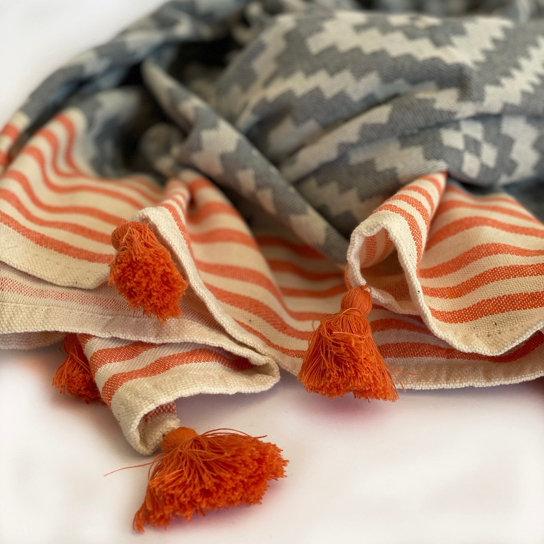 39" X 71" Gray and Orange Cotton Geometric Turkish Towel Throw Blanket with Tassels-Throws & Blankets-DECOROLALA
