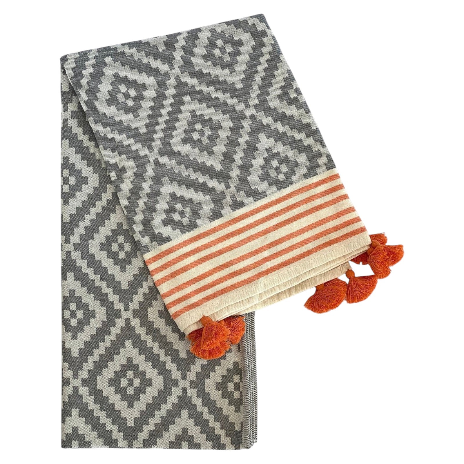 39" X 71" Gray and Orange Cotton Geometric Turkish Towel Throw Blanket with Tassels-Throws & Blankets-DECOROLALA