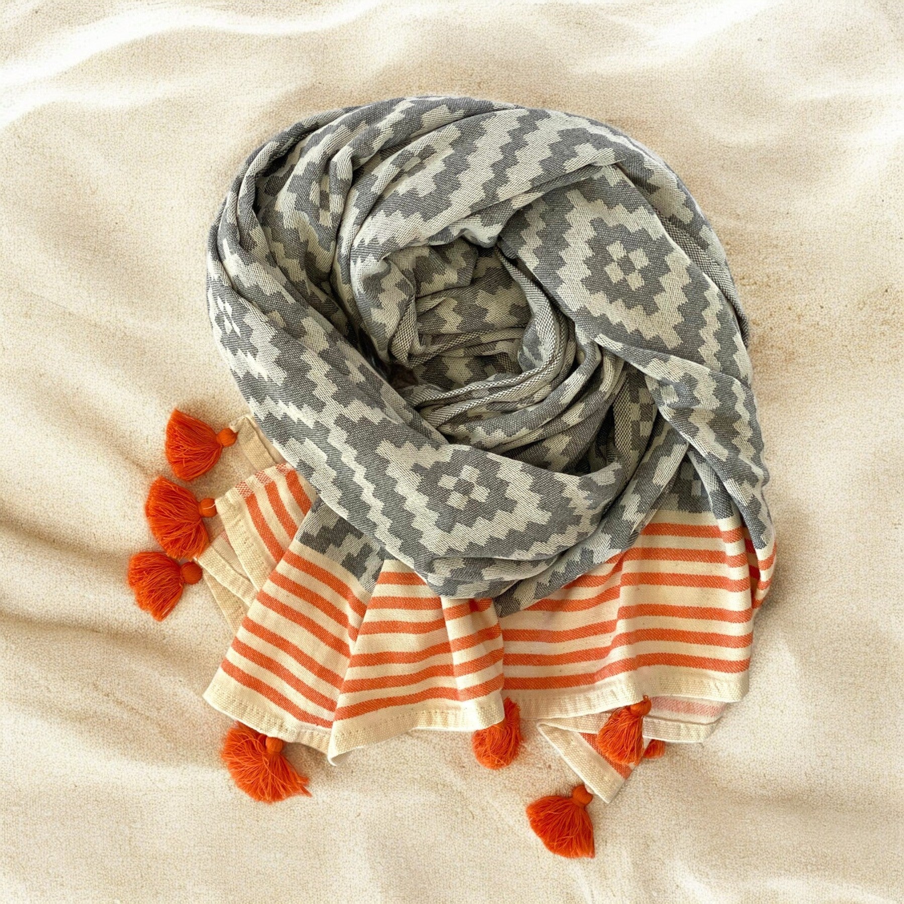 39" X 71" Gray and Orange Cotton Geometric Turkish Towel Throw Blanket with Tassels-Throws & Blankets-DECOROLALA