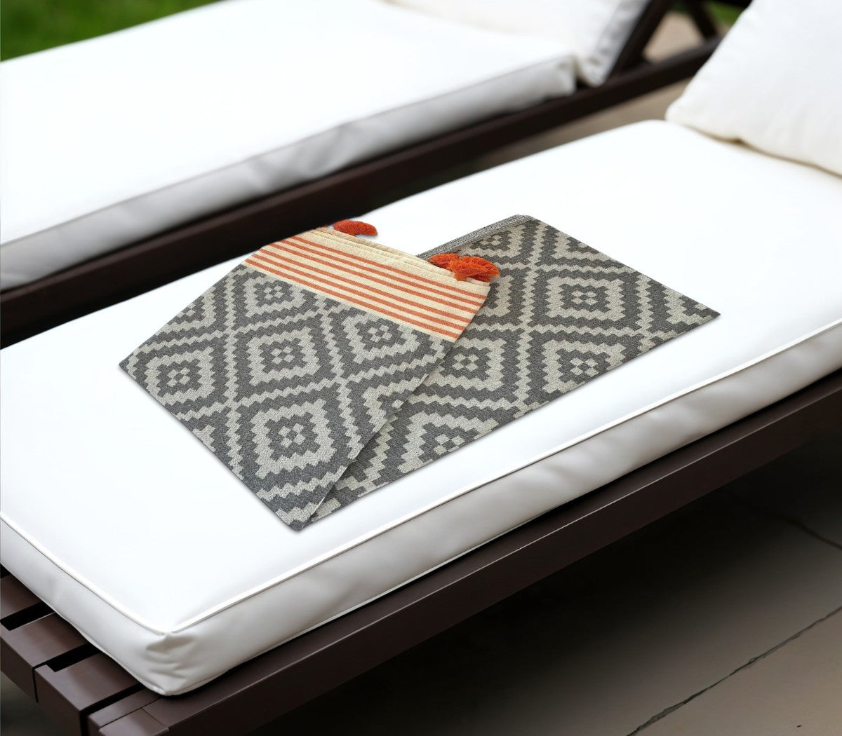 39" X 71" Gray and Orange Cotton Geometric Turkish Towel Throw Blanket with Tassels-Throws & Blankets-DECOROLALA