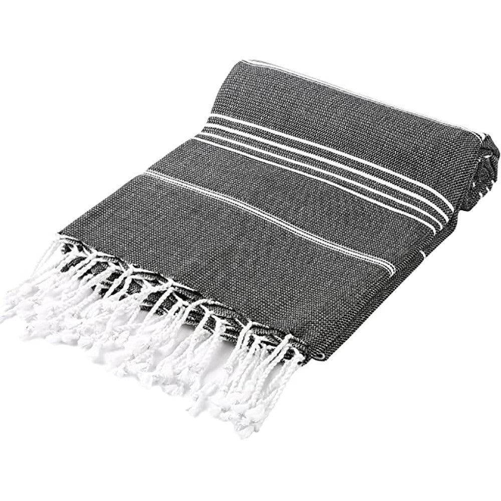 39" X 71" White and Black Cotton Turkish Towel Throw Blanket with Tassels-Throws & Blankets-DECOROLALA